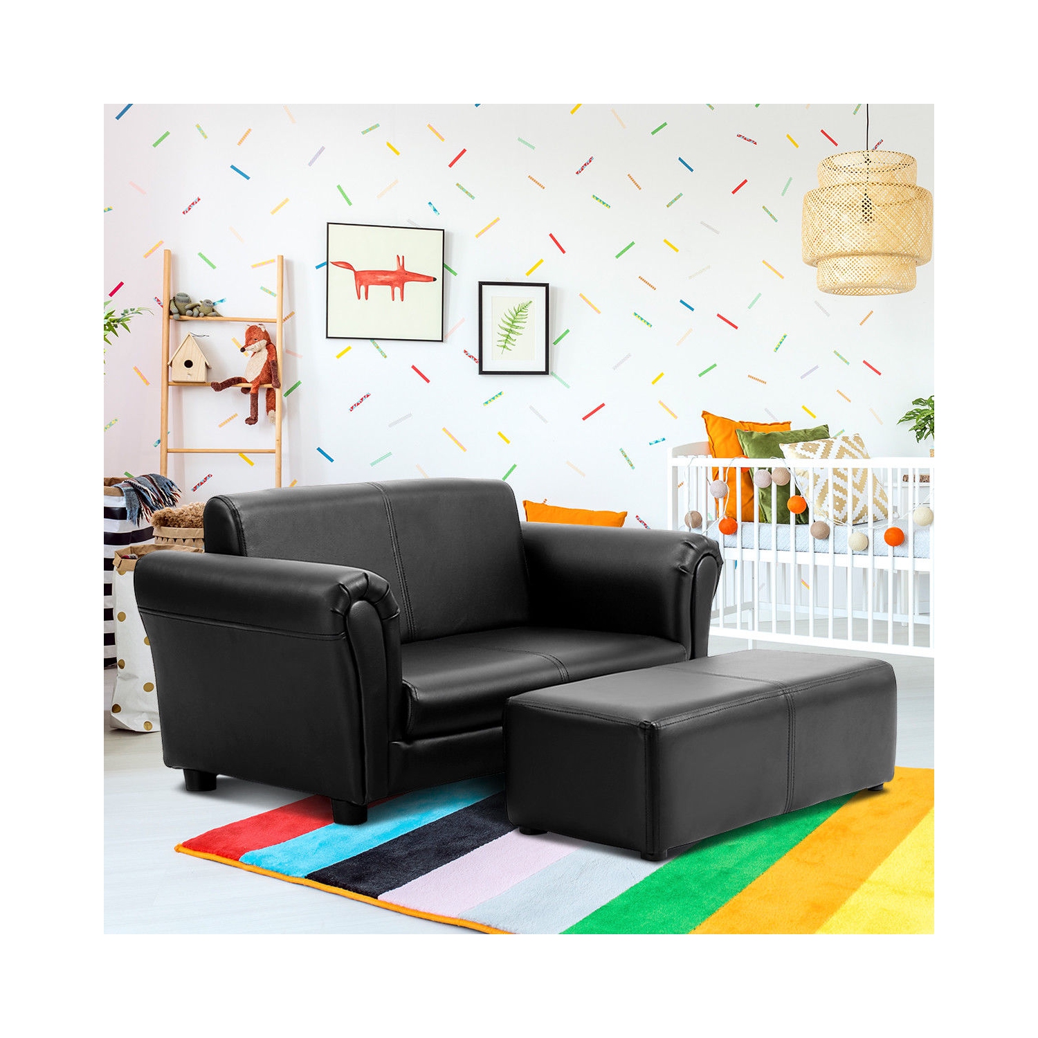 Costway Kids Sofa Armrest Chair Couch Lounge W/ Ottoman Black