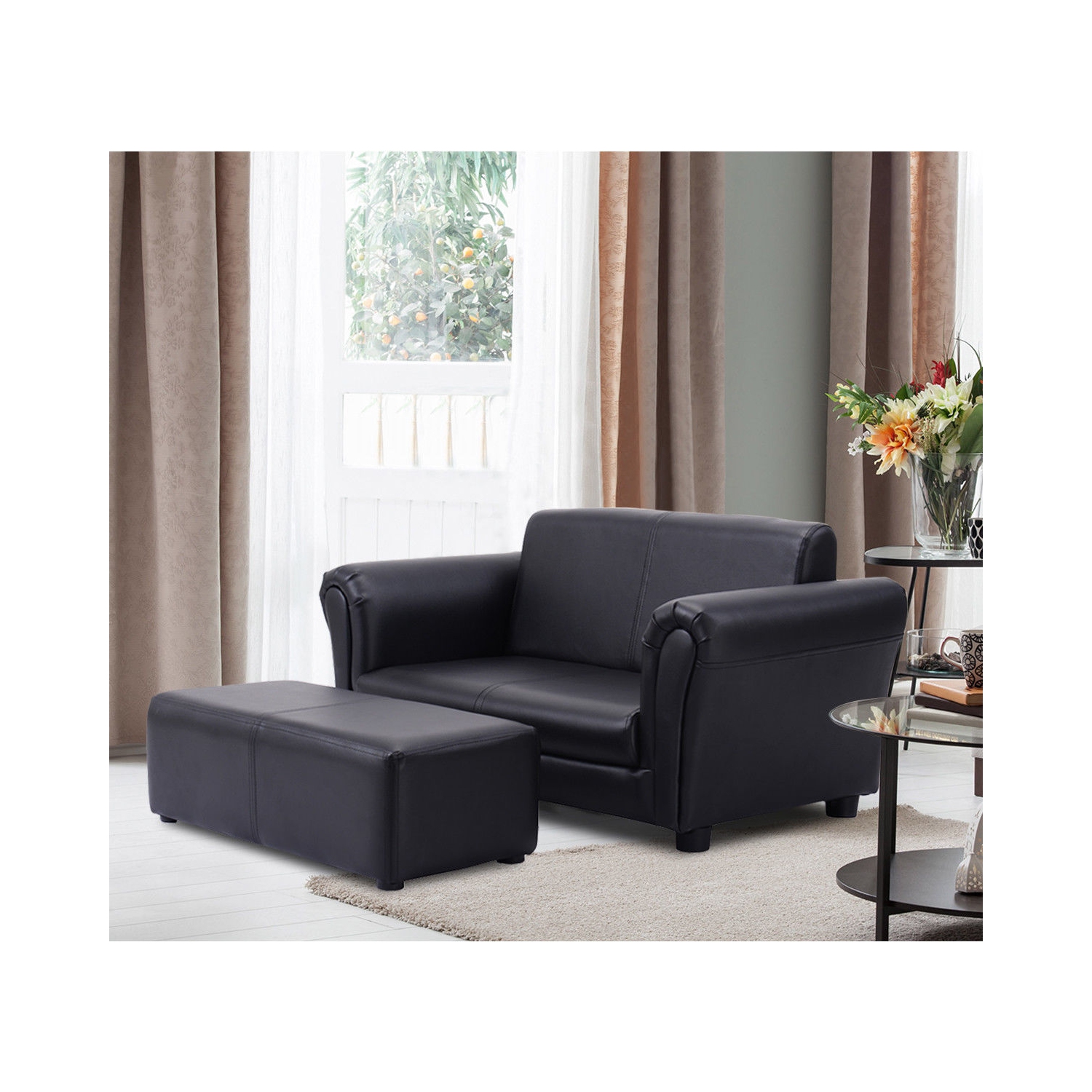 Costway Kids Sofa Armrest Chair Couch Lounge W/ Ottoman Black