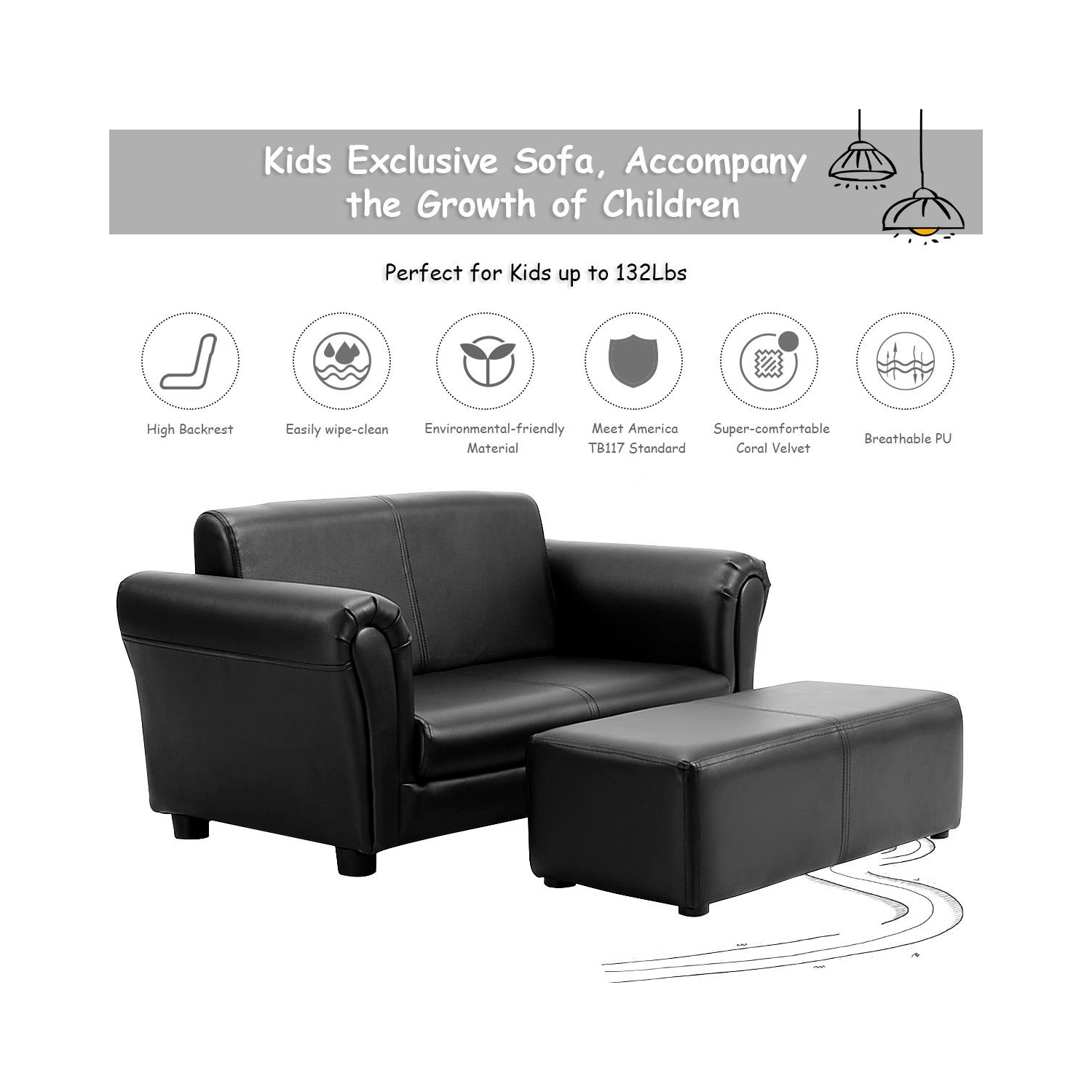Costway Kids Sofa Armrest Chair Couch Lounge W/ Ottoman Black