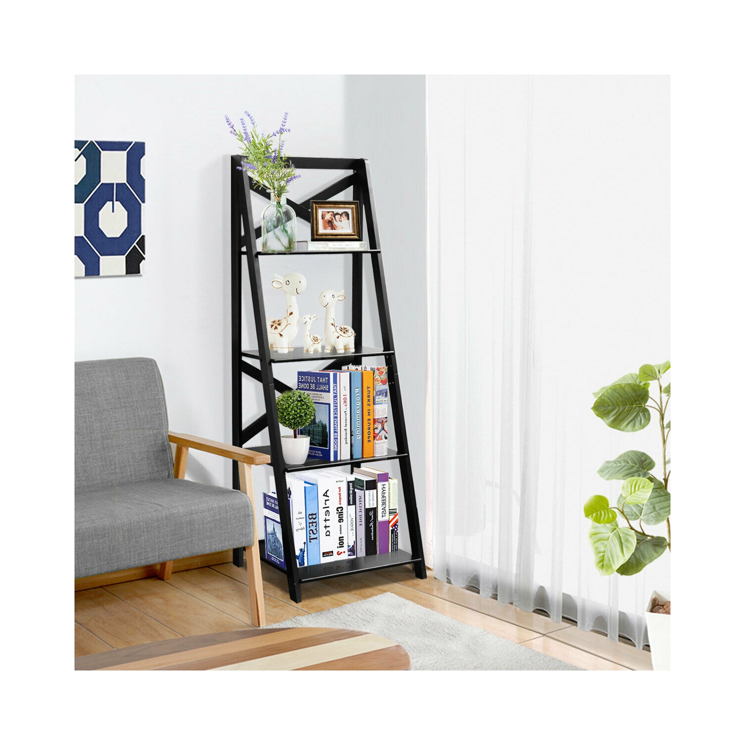 Ce meuble de rangement à 4 niveaux avec étagère en échelle et bibliothèque de Costway vous permet de décorer votre bureau à la maison