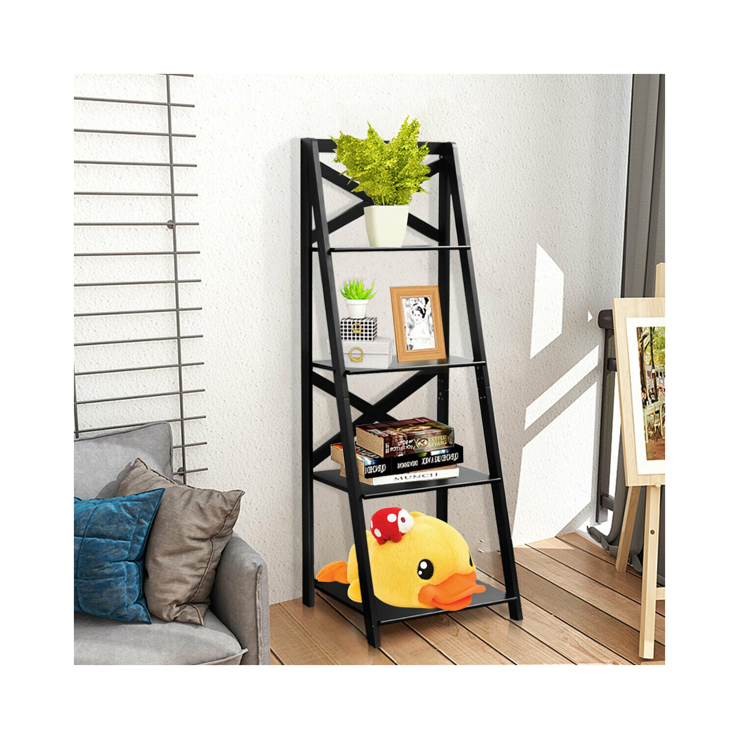 Ce meuble de rangement à 4 niveaux avec étagère en échelle et bibliothèque de Costway vous permet de décorer votre bureau à la maison