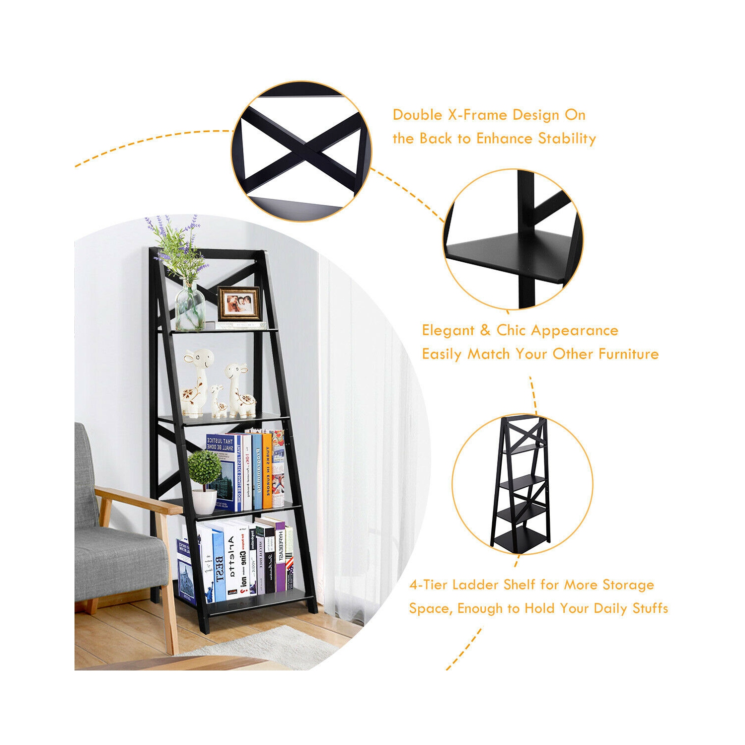 Ce meuble de rangement à 4 niveaux avec étagère en échelle et bibliothèque de Costway vous permet de décorer votre bureau à la maison