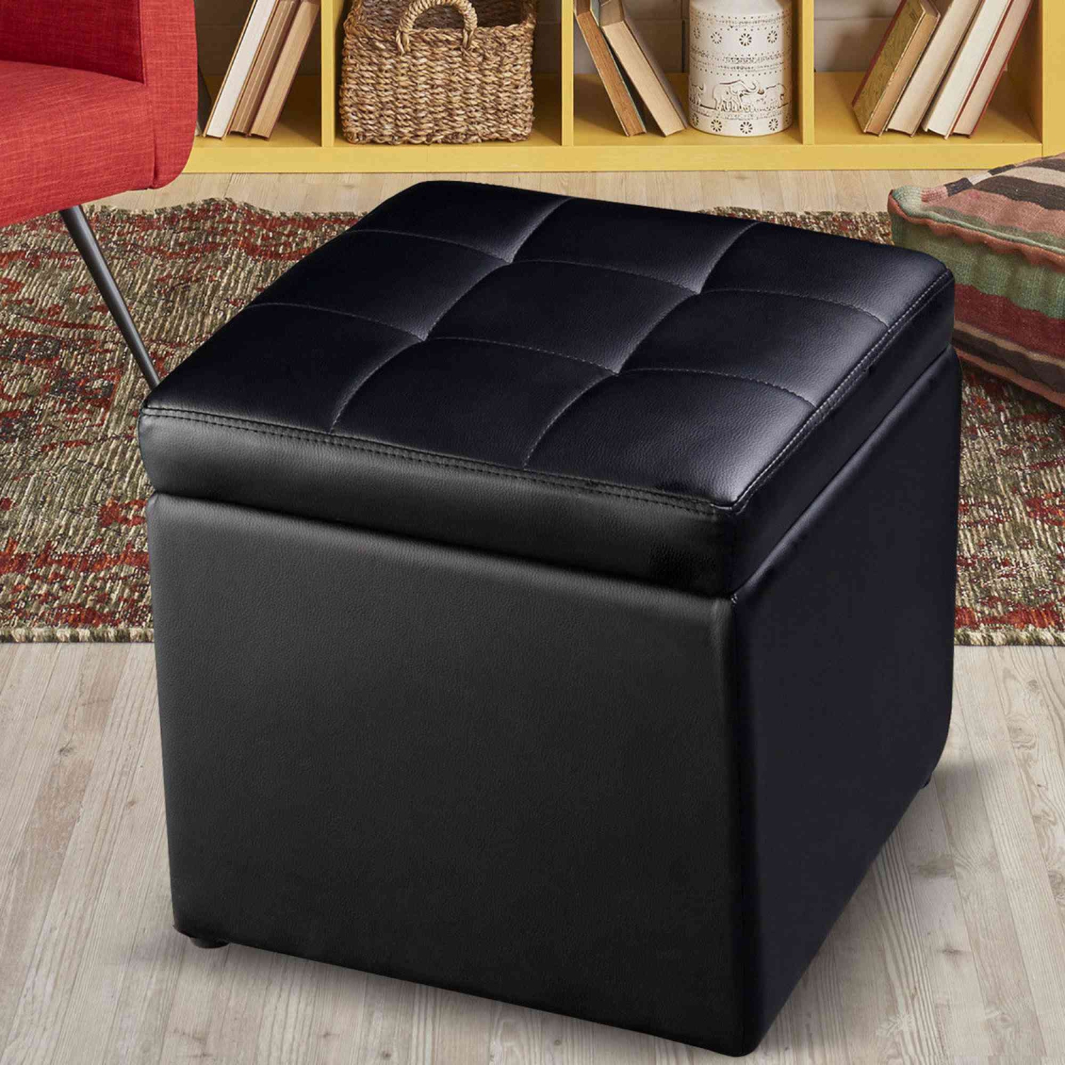 Costway Cube Ottoman Pouffe Storage Box Lounge Seat Footstools w/ Hinge Top black