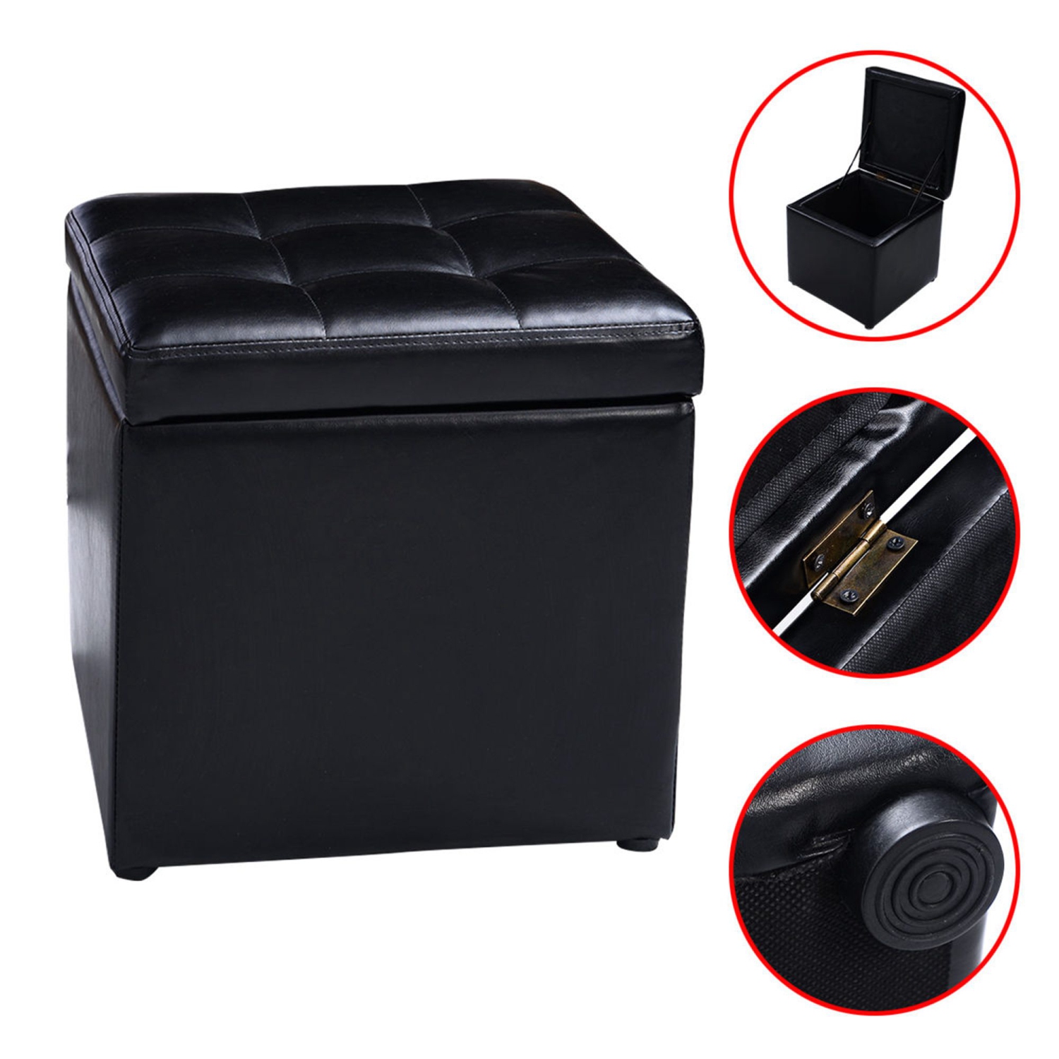 Costway Cube Ottoman Pouffe Storage Box Lounge Seat Footstools w/ Hinge Top black