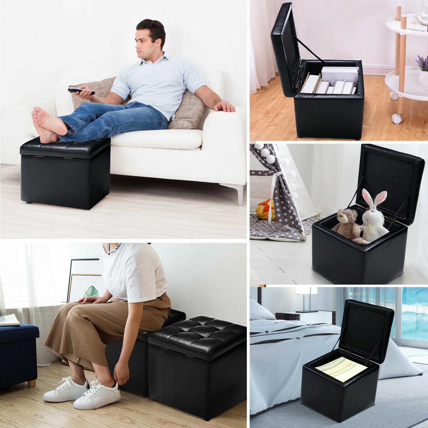 Costway Cube Ottoman Pouffe Storage Box Lounge Seat Footstools w/ Hinge Top black