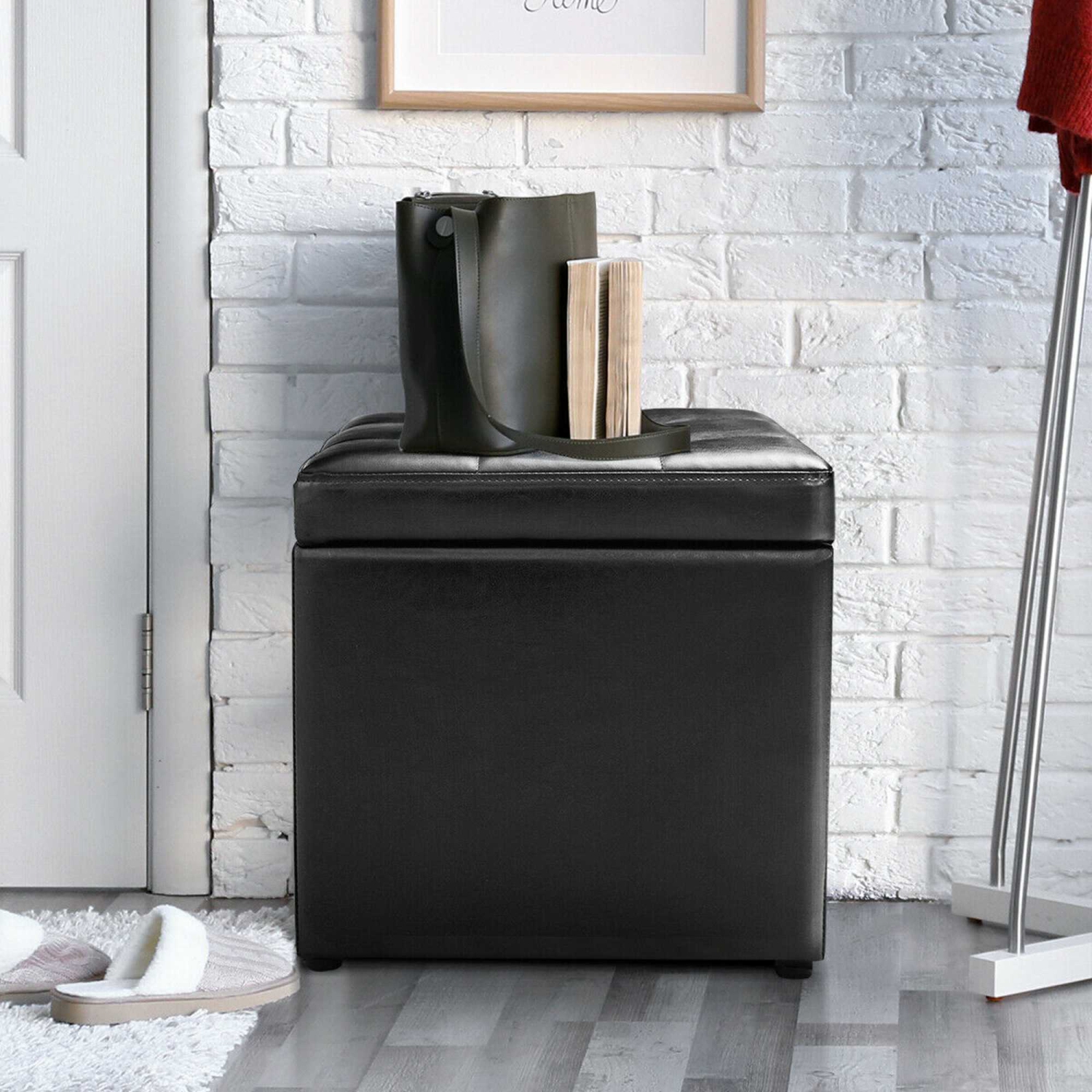 Costway Cube Ottoman Pouffe Storage Box Lounge Seat Footstools w/ Hinge Top black