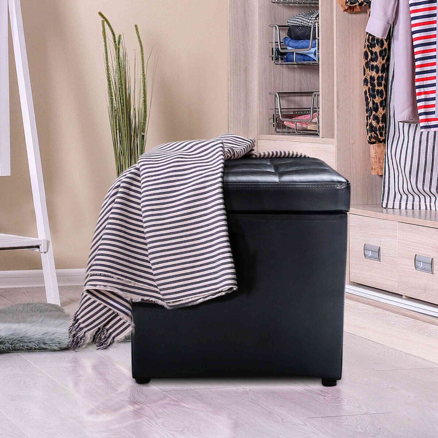 Costway Cube Ottoman Pouffe Storage Box Lounge Seat Footstools w/ Hinge Top black