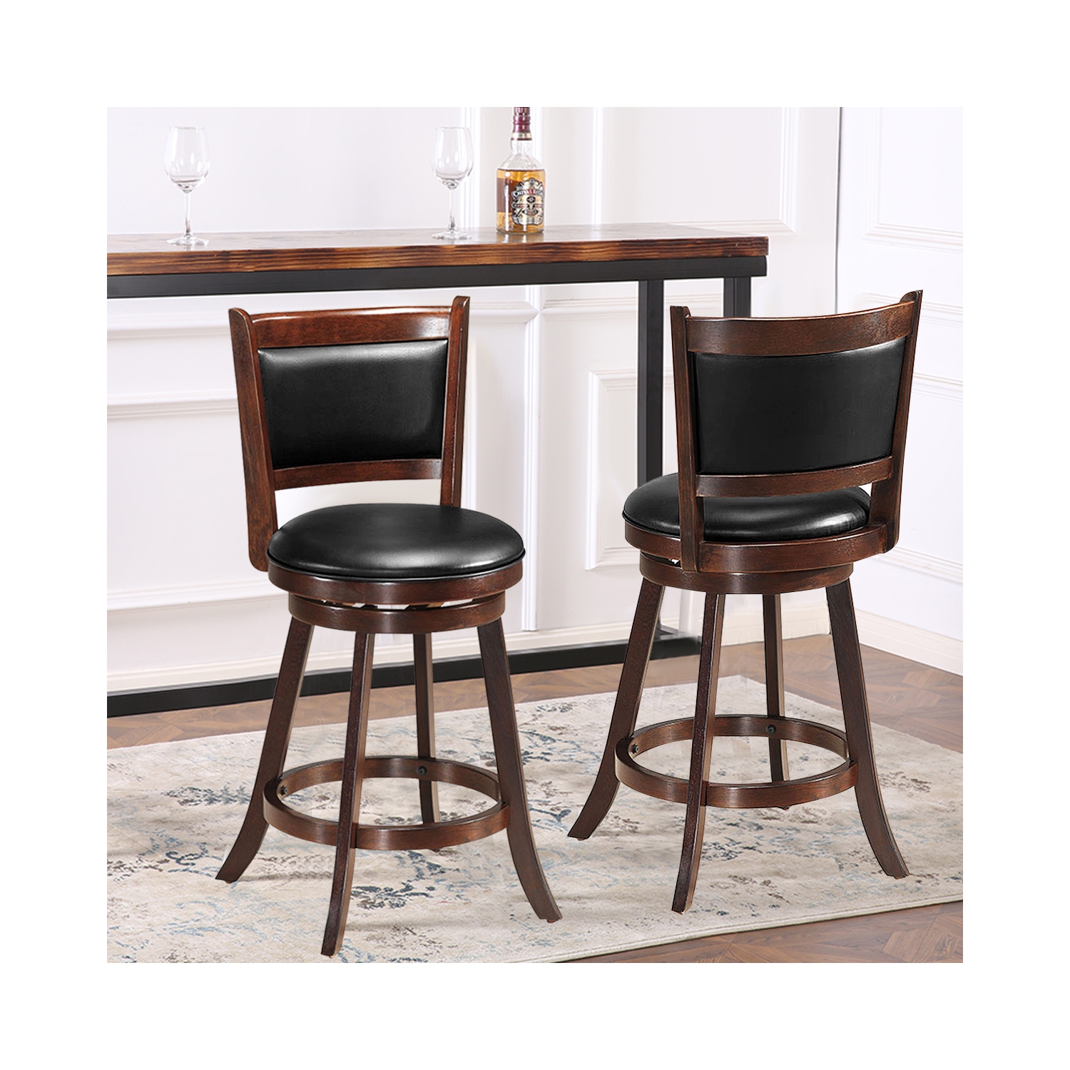 Costway Set of 2 24" Swivel Counter Stool Wooden Dining Chair Upholstered Seat Espresso