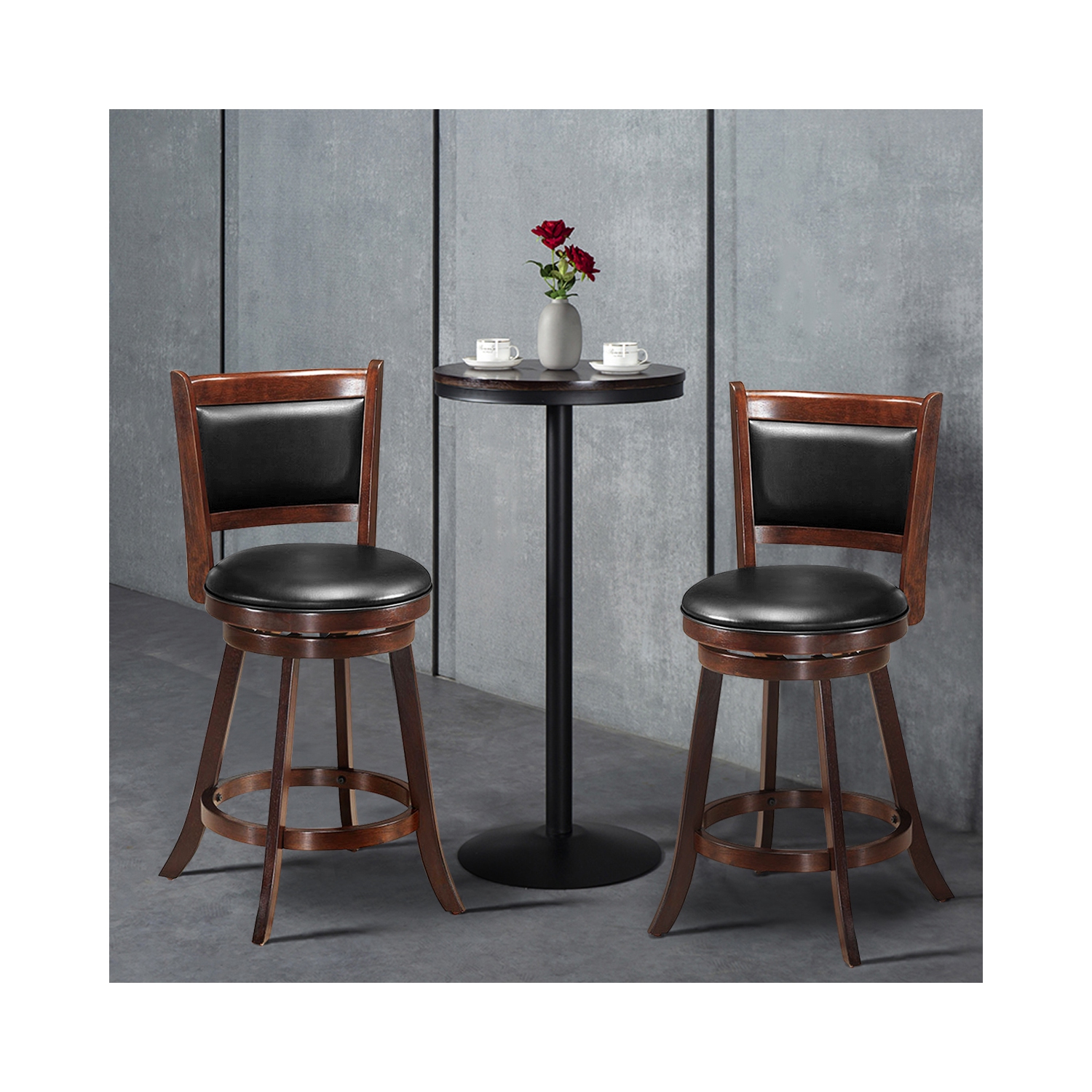 Costway Set of 2 24" Swivel Counter Stool Wooden Dining Chair Upholstered Seat Espresso