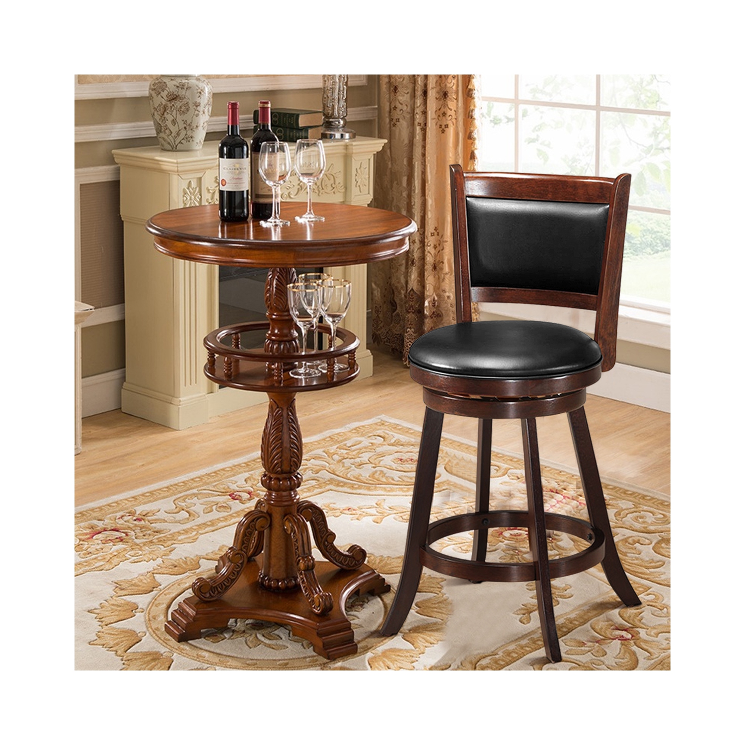 Costway Set of 2 24" Swivel Counter Stool Wooden Dining Chair Upholstered Seat Espresso