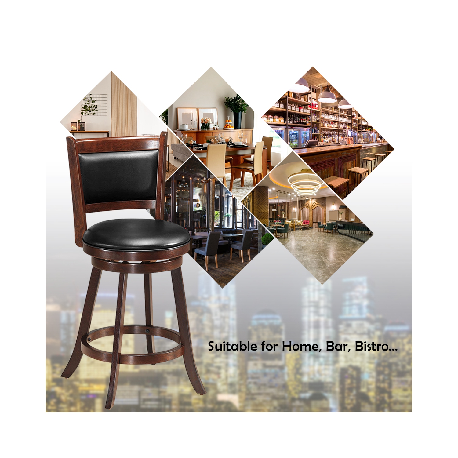 Costway Set of 2 24" Swivel Counter Stool Wooden Dining Chair Upholstered Seat Espresso