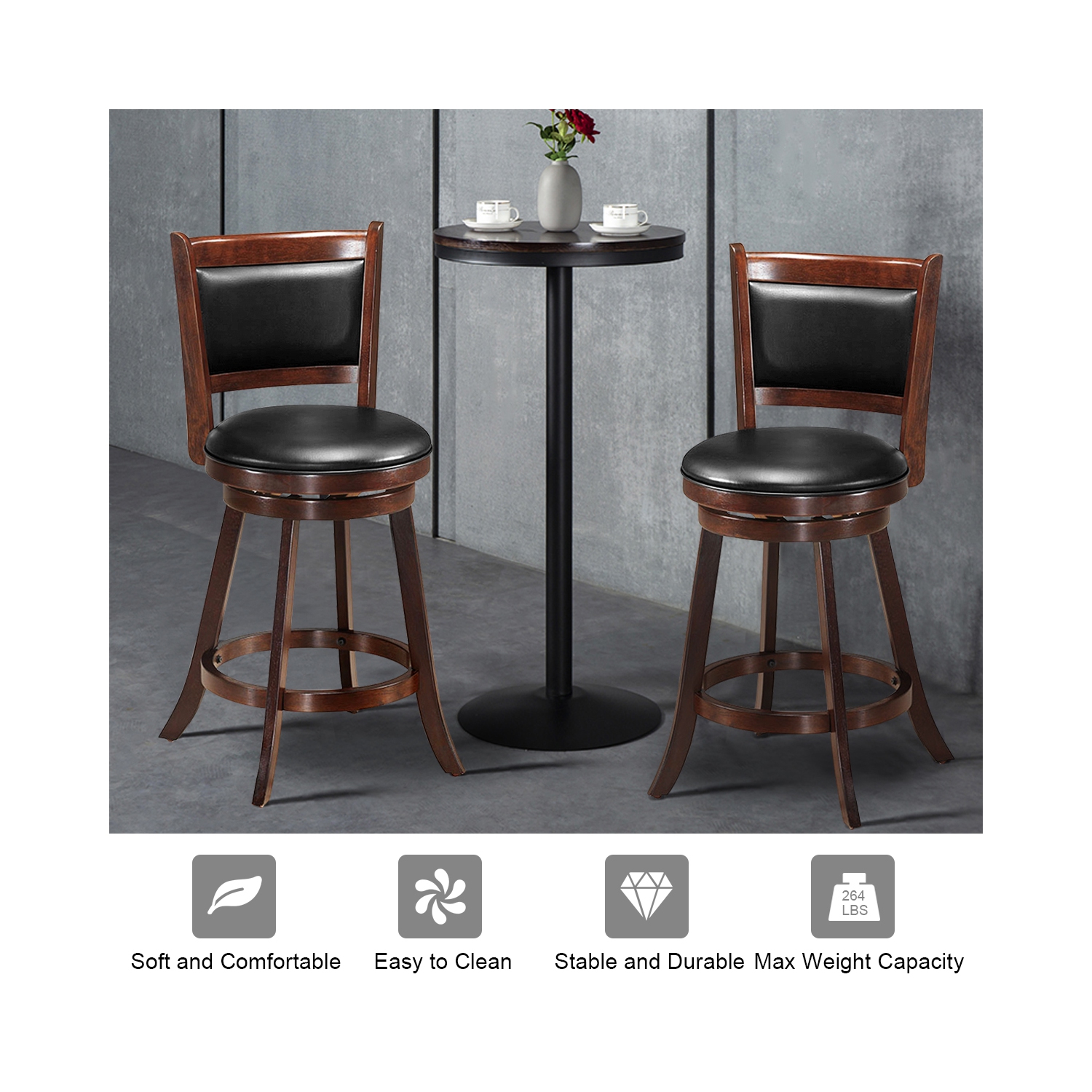 Costway Set of 2 24" Swivel Counter Stool Wooden Dining Chair Upholstered Seat Espresso