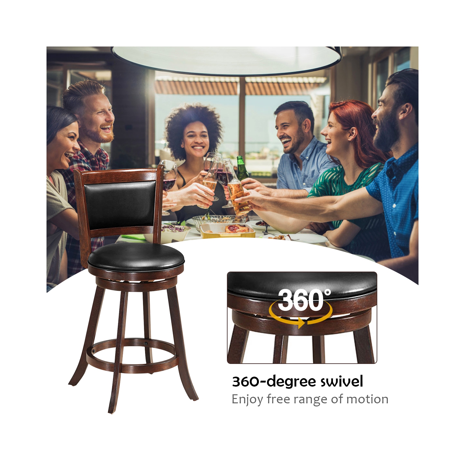 Costway Set of 2 24" Swivel Counter Stool Wooden Dining Chair Upholstered Seat Espresso