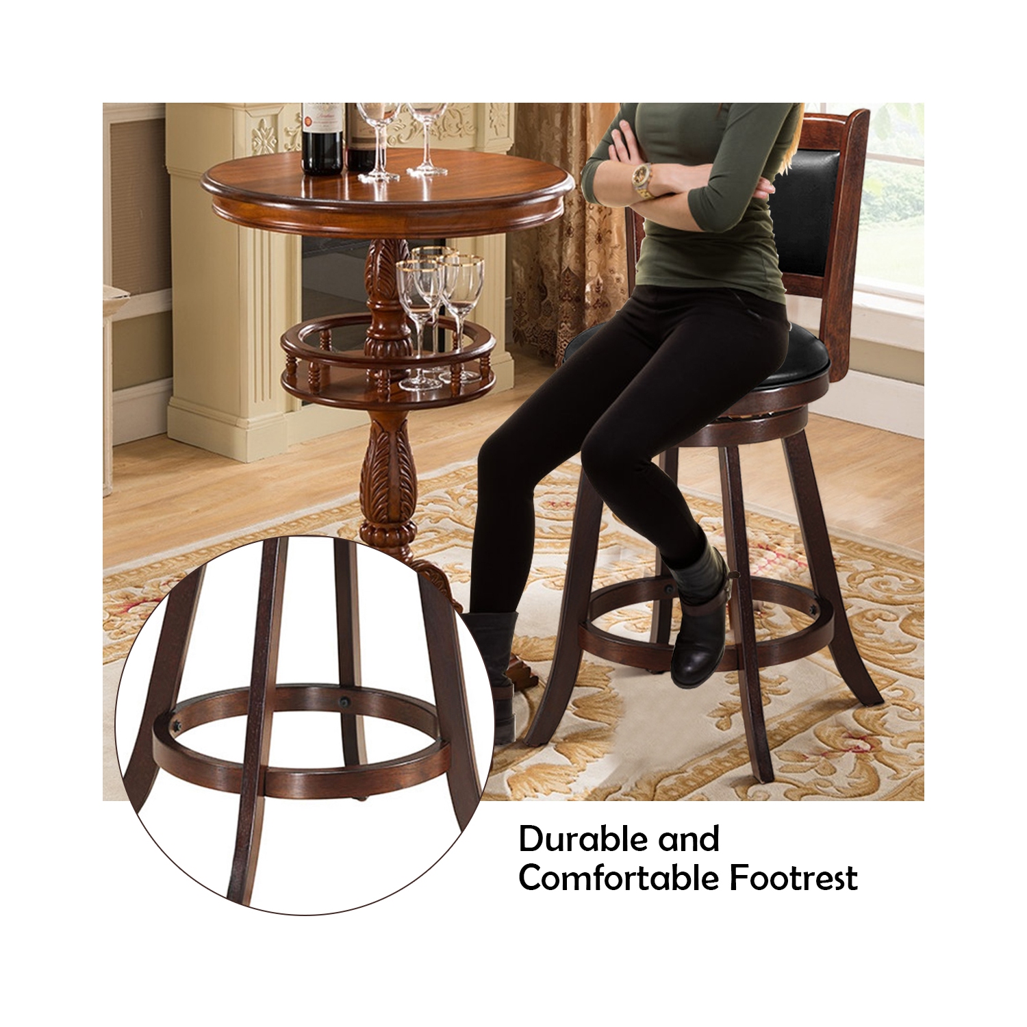 Costway Set of 2 24" Swivel Counter Stool Wooden Dining Chair Upholstered Seat Espresso