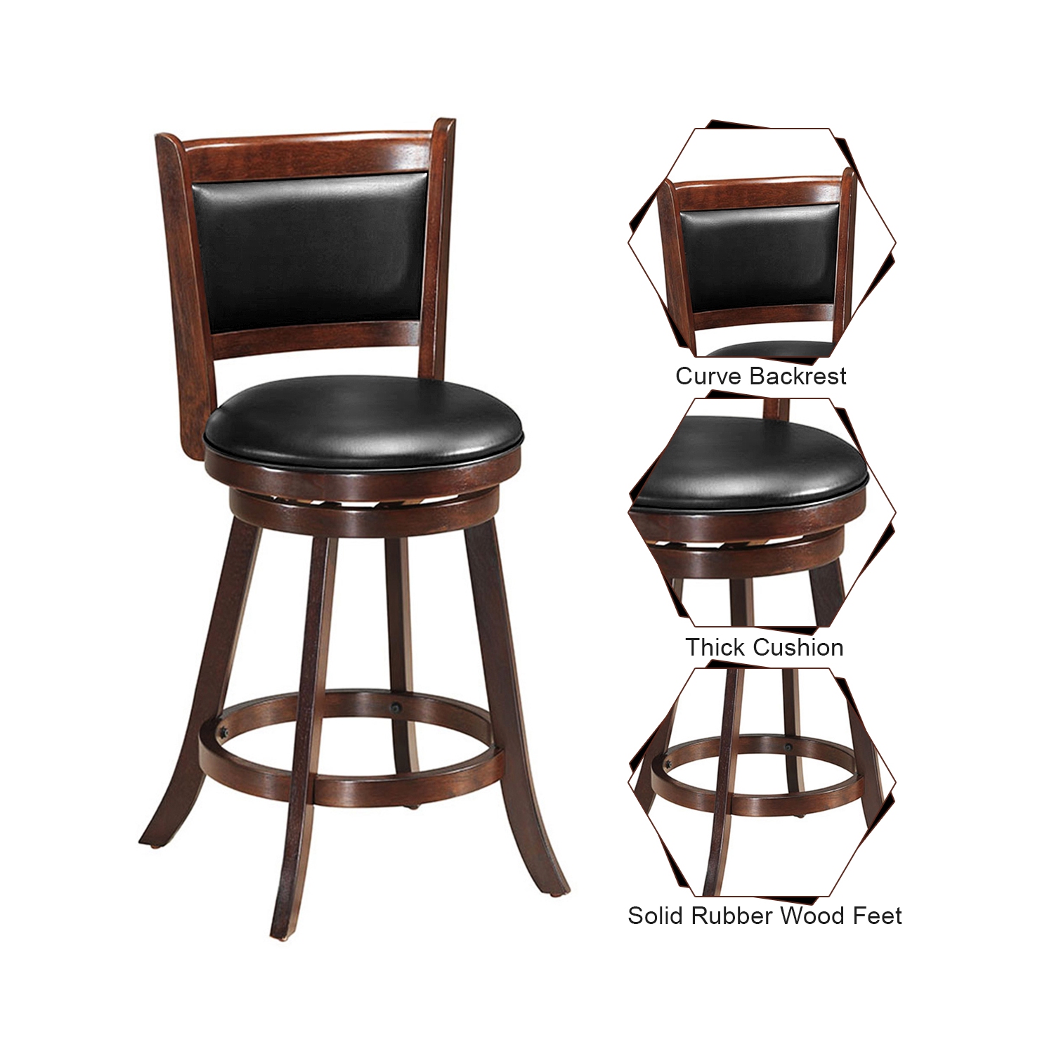 Costway Set of 2 24" Swivel Counter Stool Wooden Dining Chair Upholstered Seat Espresso