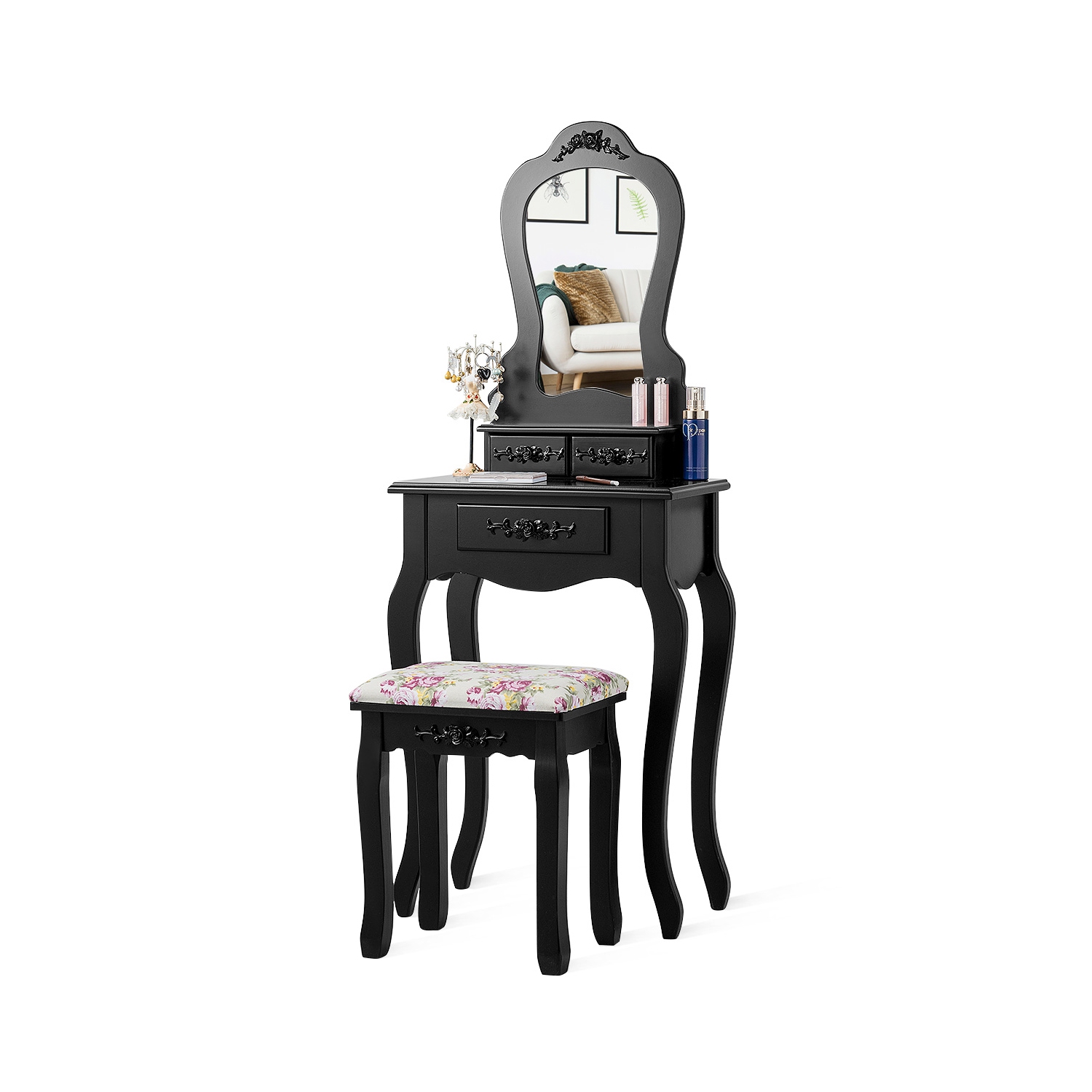 Costway Wood Makeup Dressing Table Vanity Jewelry Set W/ Stool Drawer Mirror