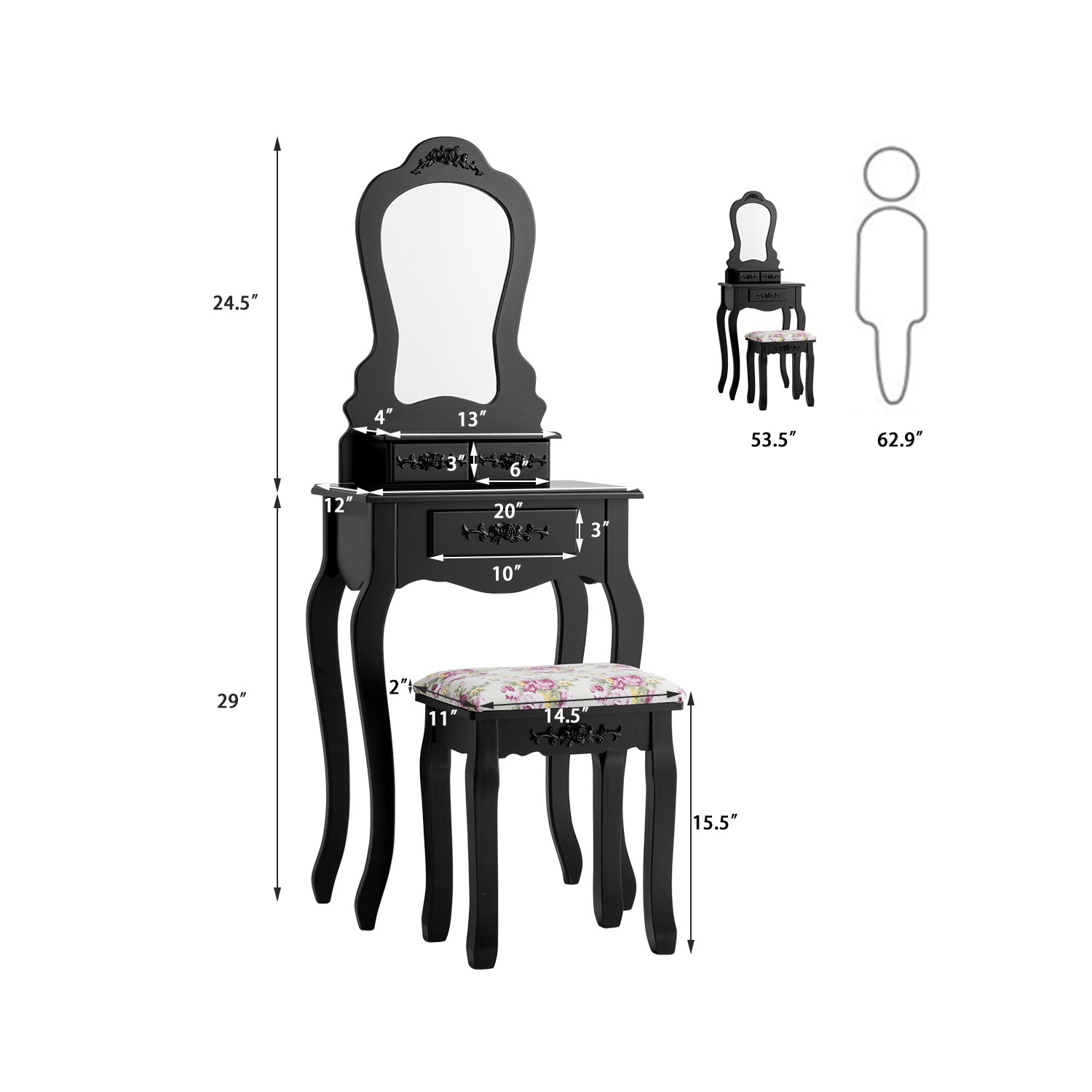 Costway Wood Makeup Dressing Table Vanity Jewelry Set W/ Stool Drawer Mirror