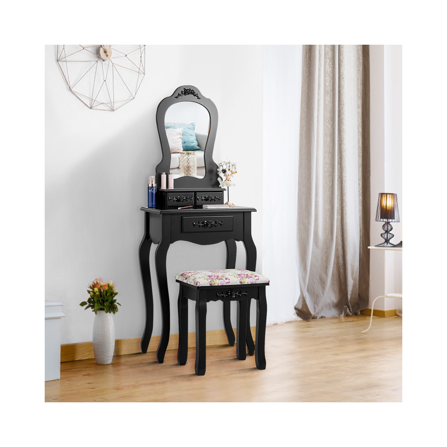 Costway Wood Makeup Dressing Table Vanity Jewelry Set W/ Stool Drawer Mirror