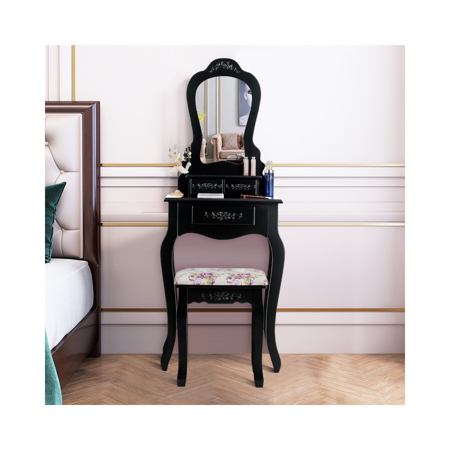 Costway Wood Makeup Dressing Table Vanity Jewelry Set W/ Stool Drawer Mirror