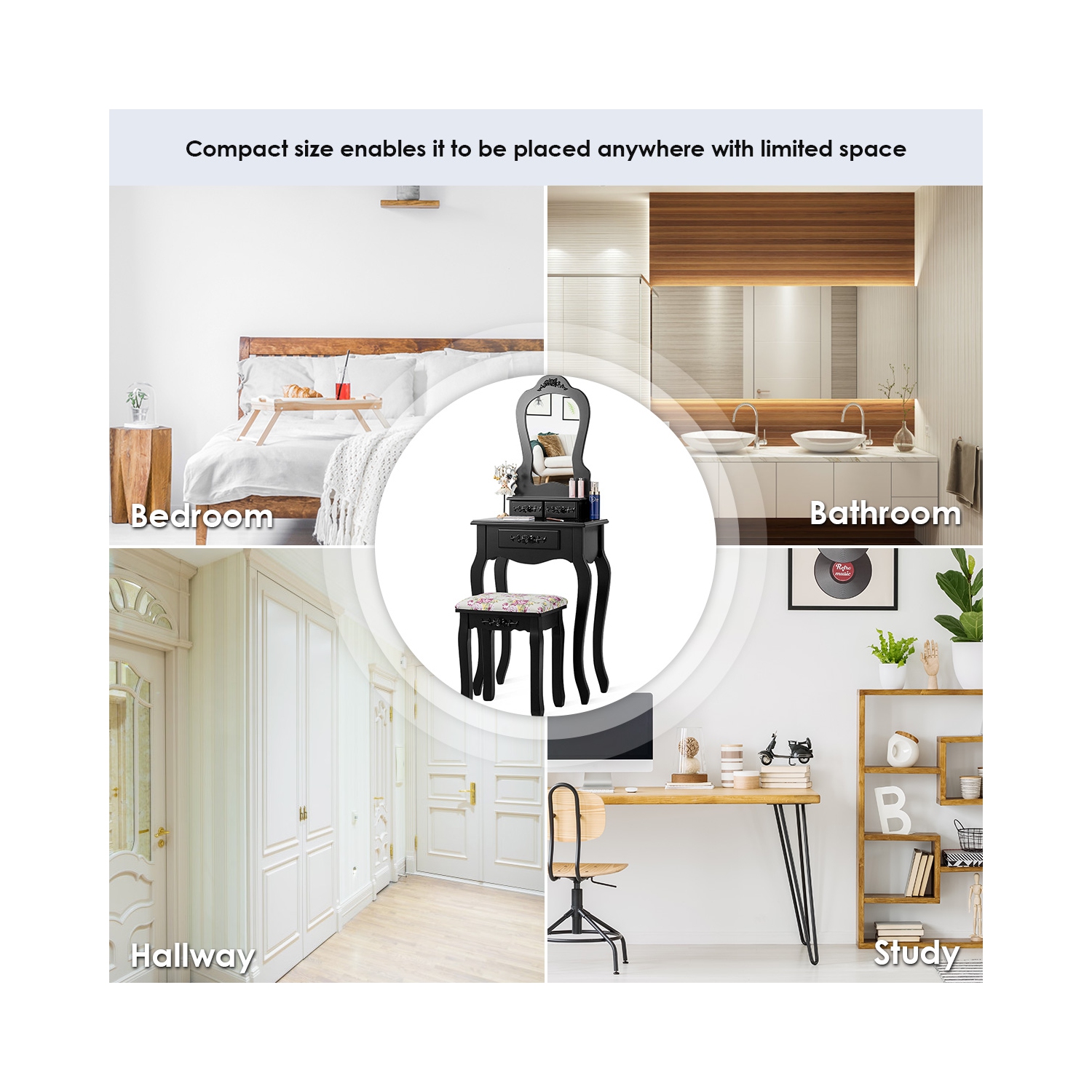 Costway Wood Makeup Dressing Table Vanity Jewelry Set W/ Stool Drawer Mirror