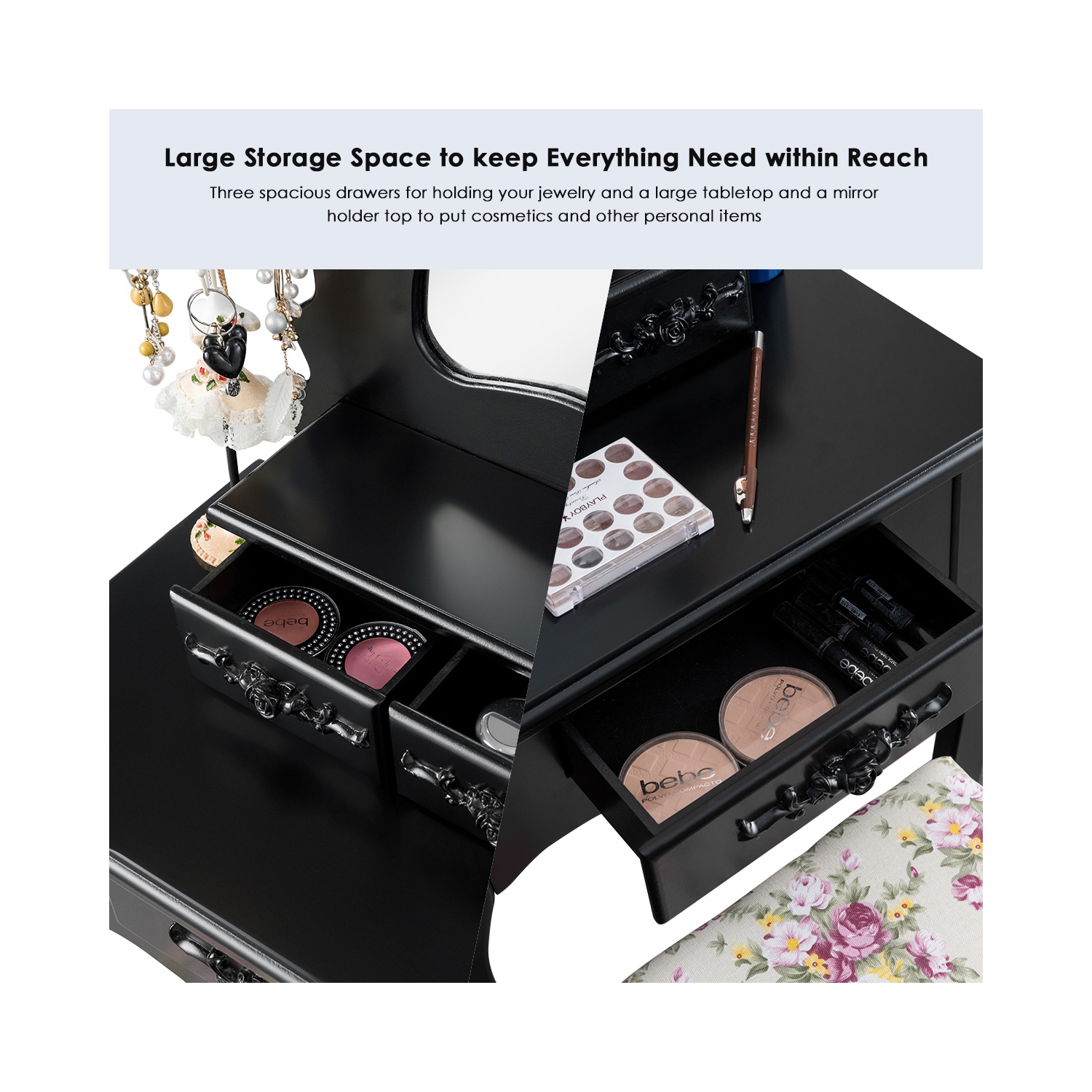 Costway Wood Makeup Dressing Table Vanity Jewelry Set W/ Stool Drawer Mirror