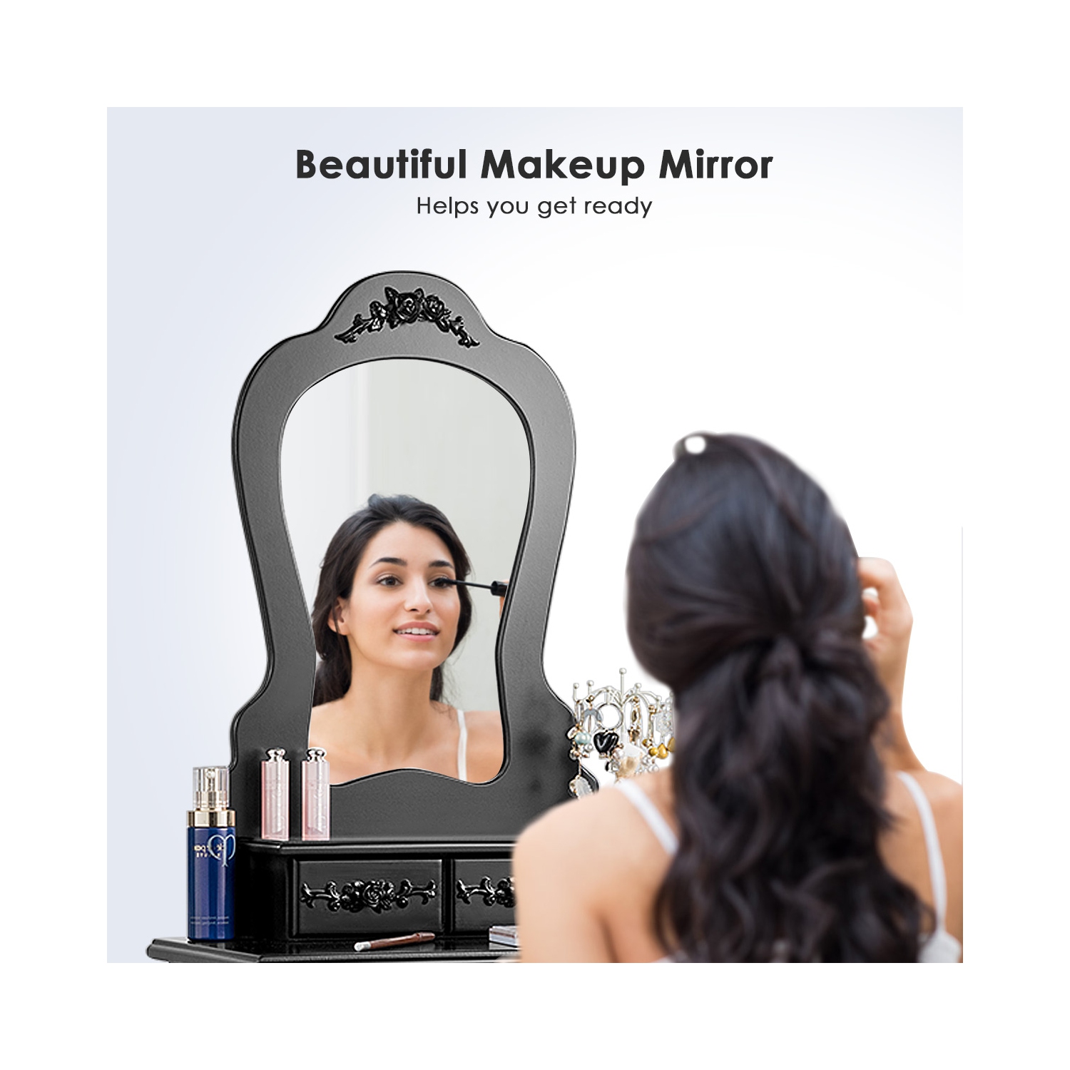 Costway Wood Makeup Dressing Table Vanity Jewelry Set W/ Stool Drawer Mirror