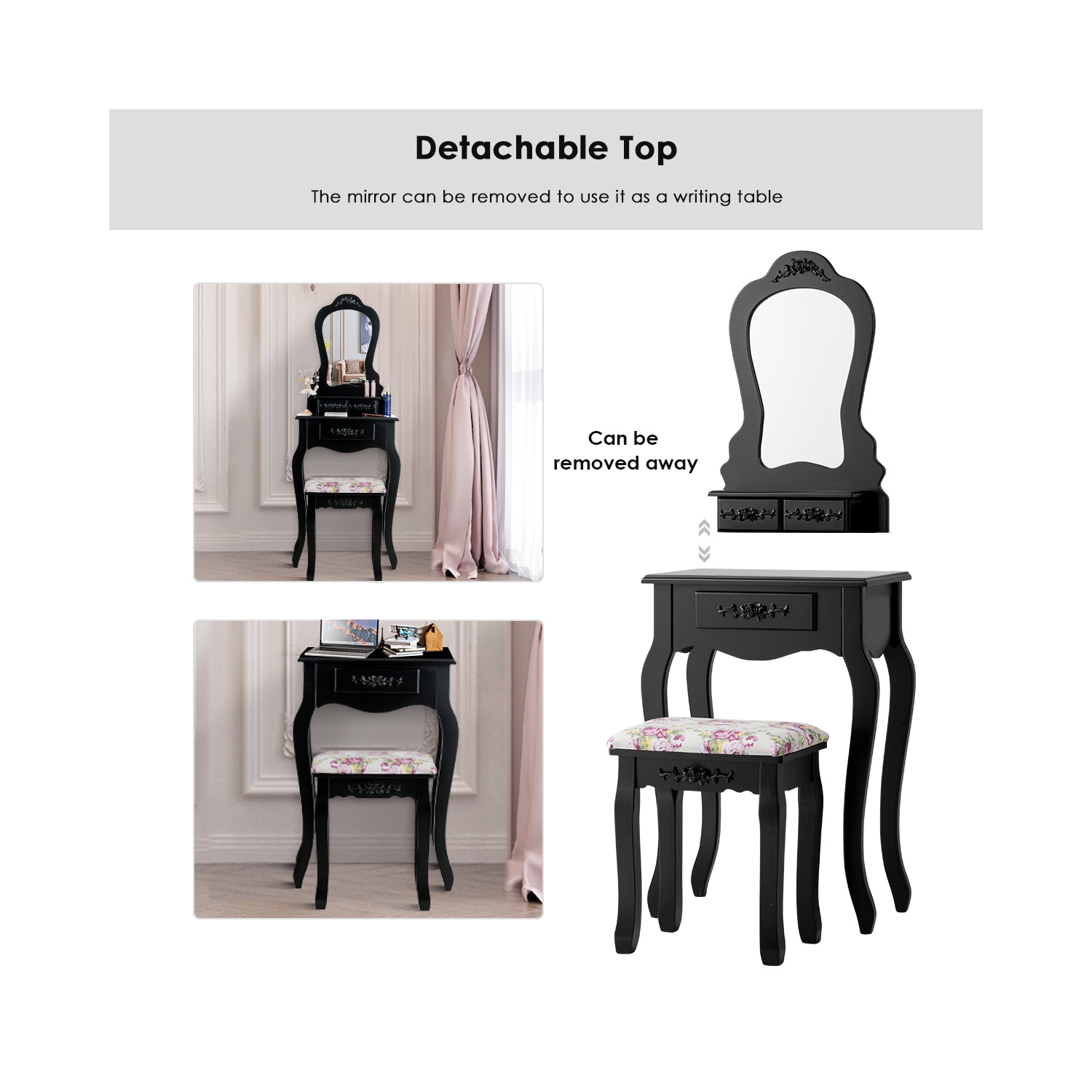 Costway Wood Makeup Dressing Table Vanity Jewelry Set W/ Stool Drawer Mirror