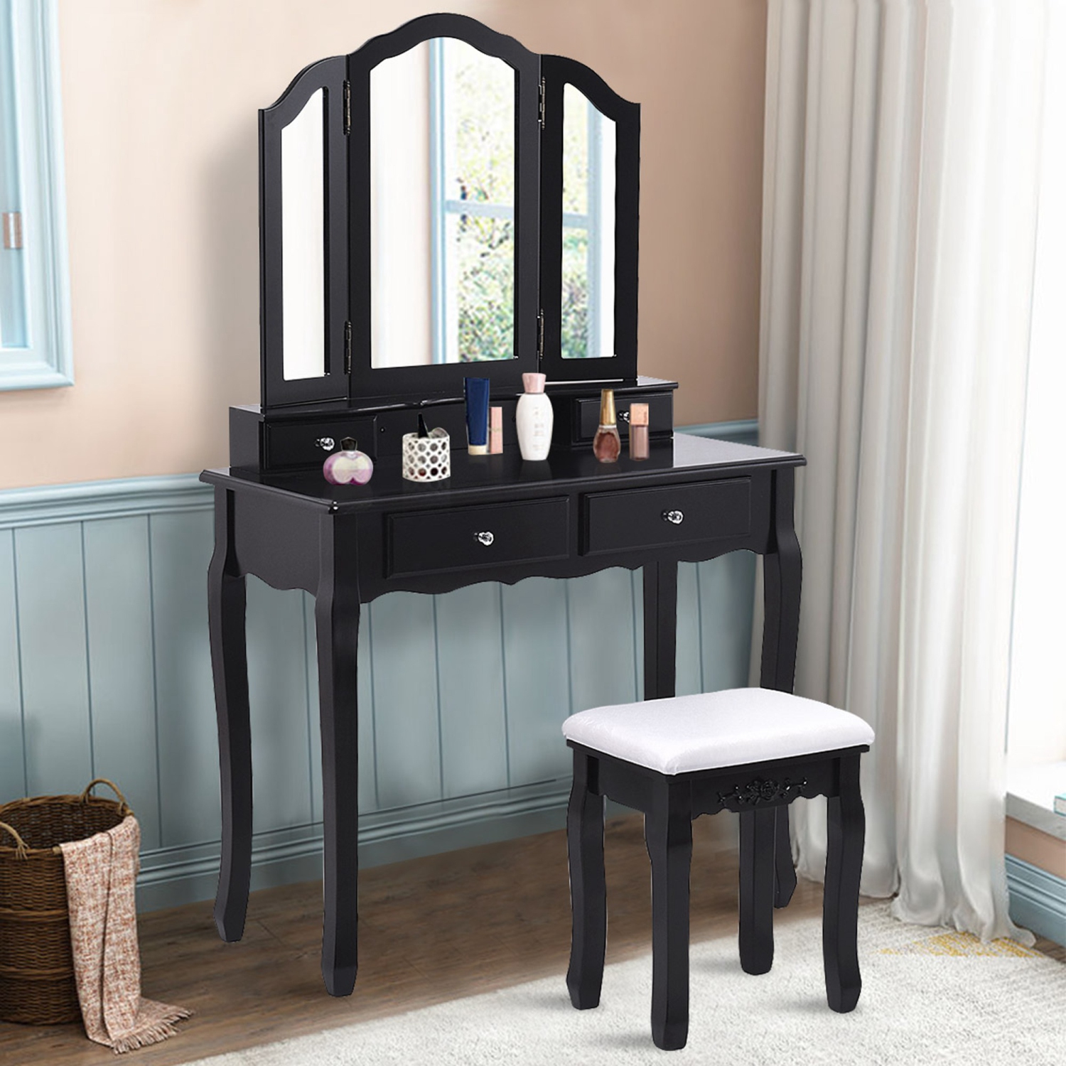 Maquillage Coiffeuse Vanité Ensemble Tri Miroir pliant avec tabouret Noir