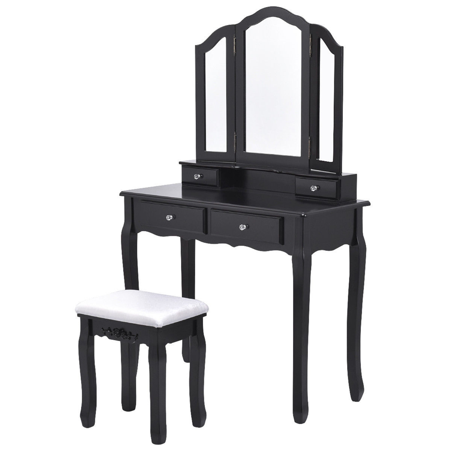Maquillage Coiffeuse Vanité Ensemble Tri Miroir pliant avec tabouret Noir