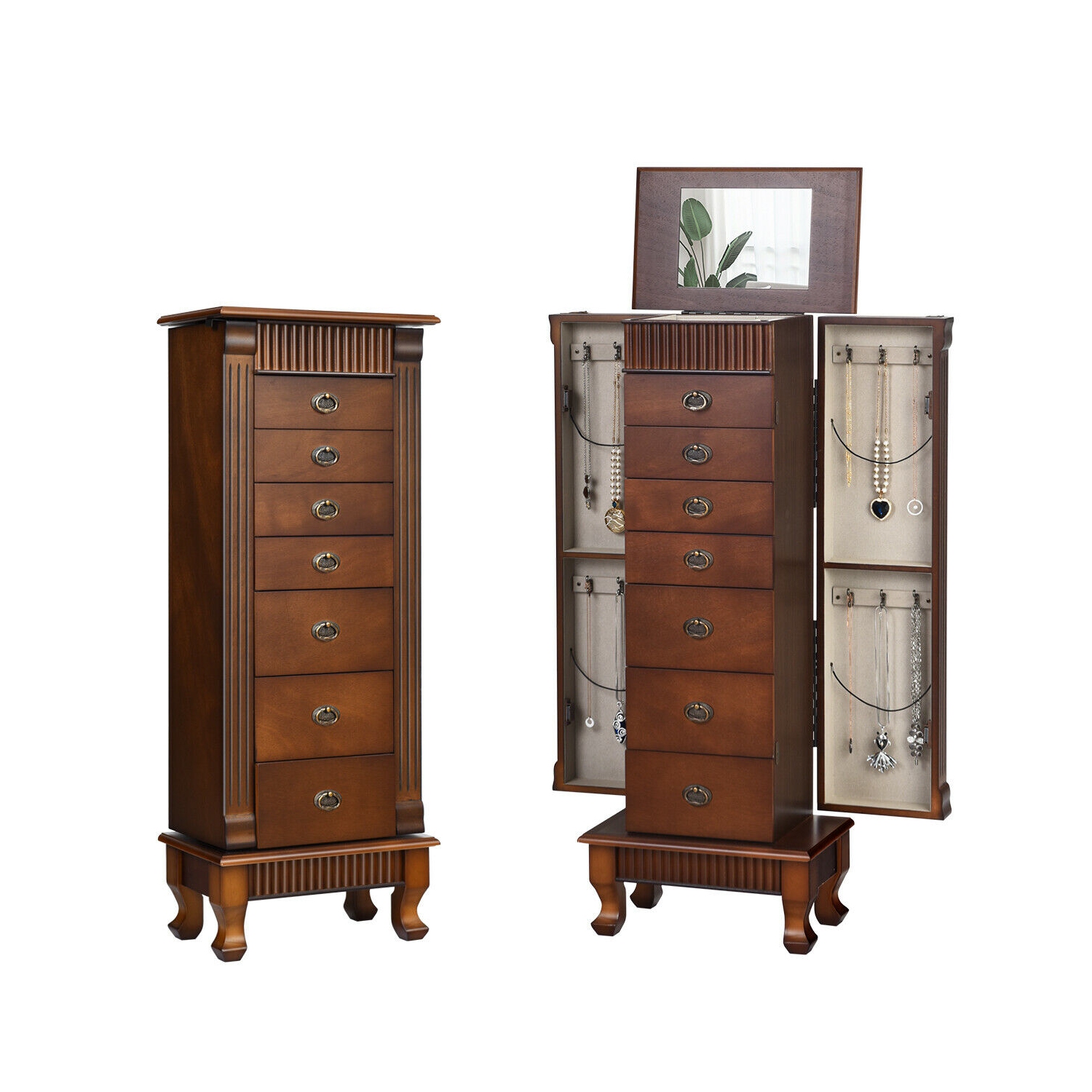 Costway Jewelry Cabinet Armoire Box Storage Chest Stand Organizer Necklace Wood