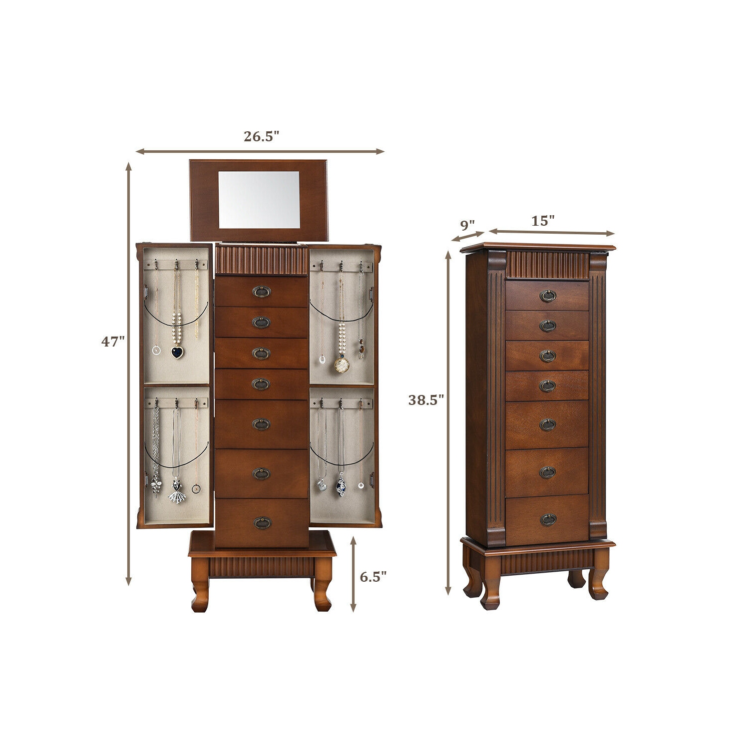 Costway Jewelry Cabinet Armoire Box Storage Chest Stand Organizer Necklace Wood