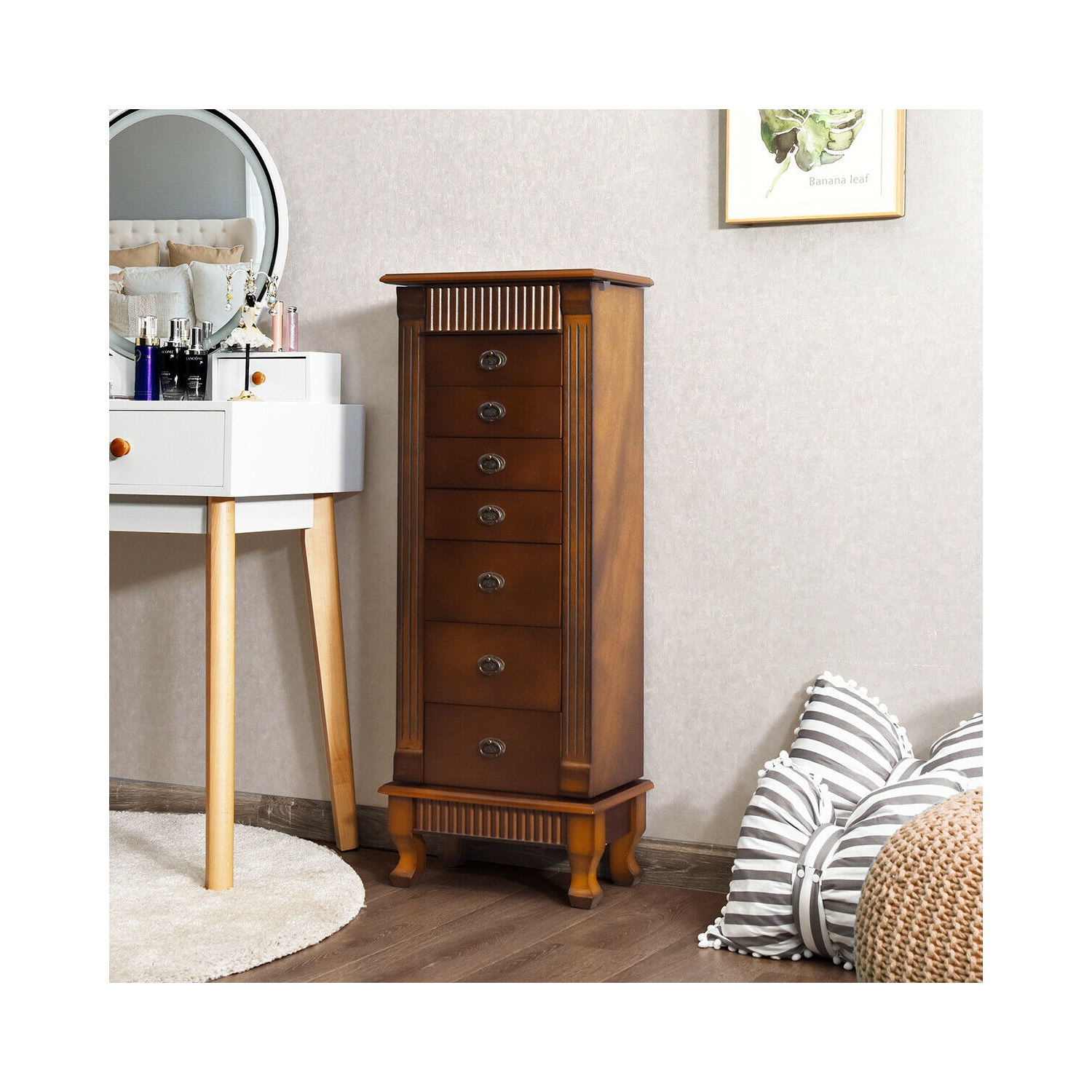 Costway Jewelry Cabinet Armoire Box Storage Chest Stand Organizer Necklace Wood