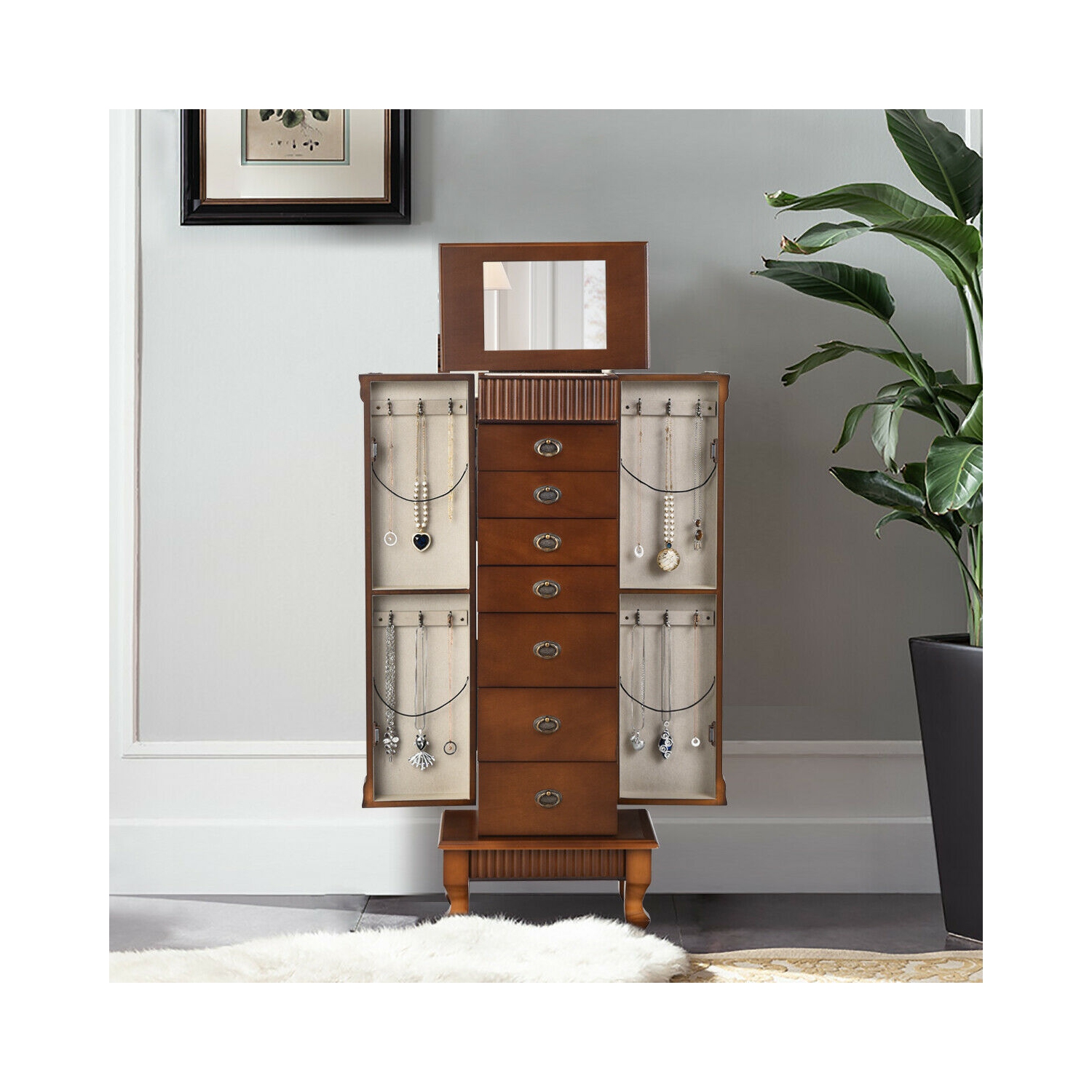 Costway Jewelry Cabinet Armoire Box Storage Chest Stand Organizer Necklace Wood