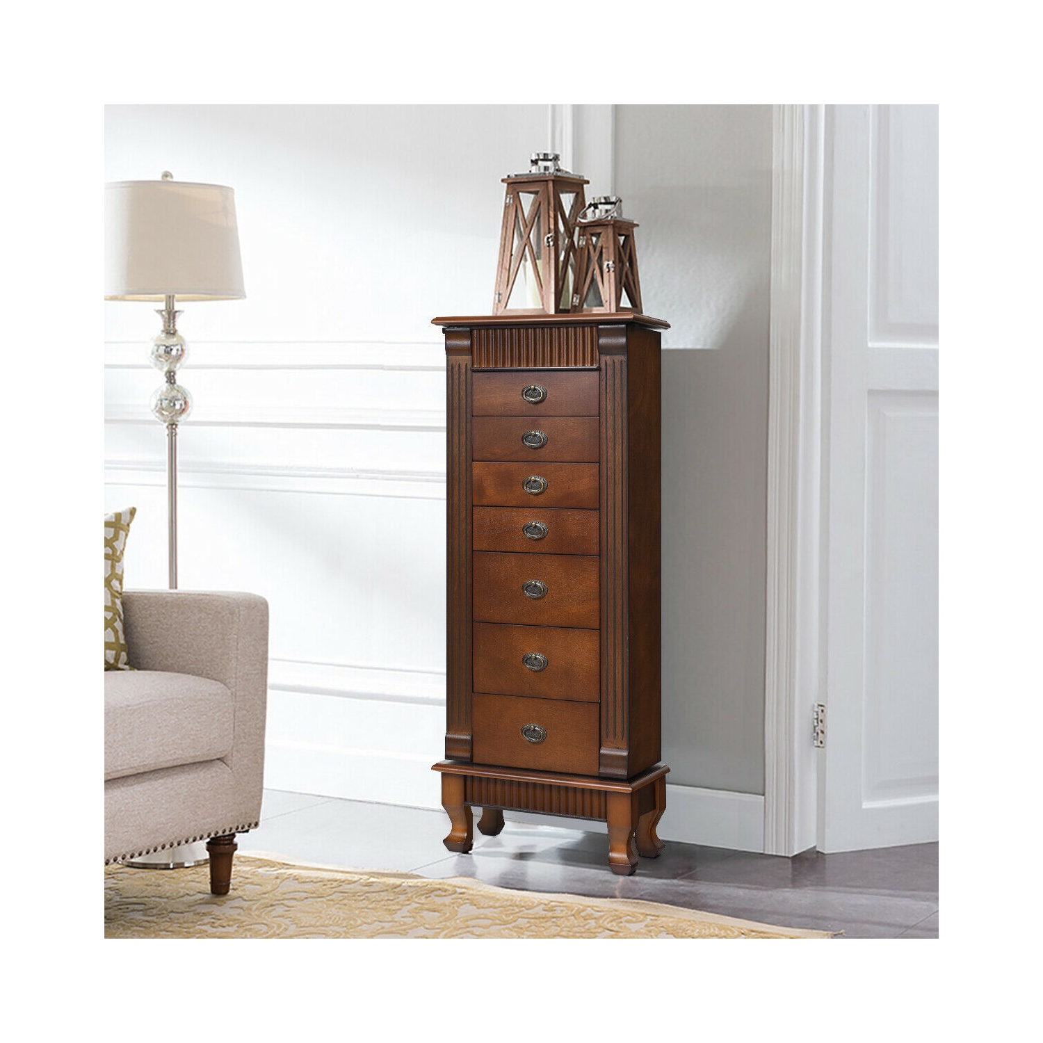 Costway Jewelry Cabinet Armoire Box Storage Chest Stand Organizer Necklace Wood