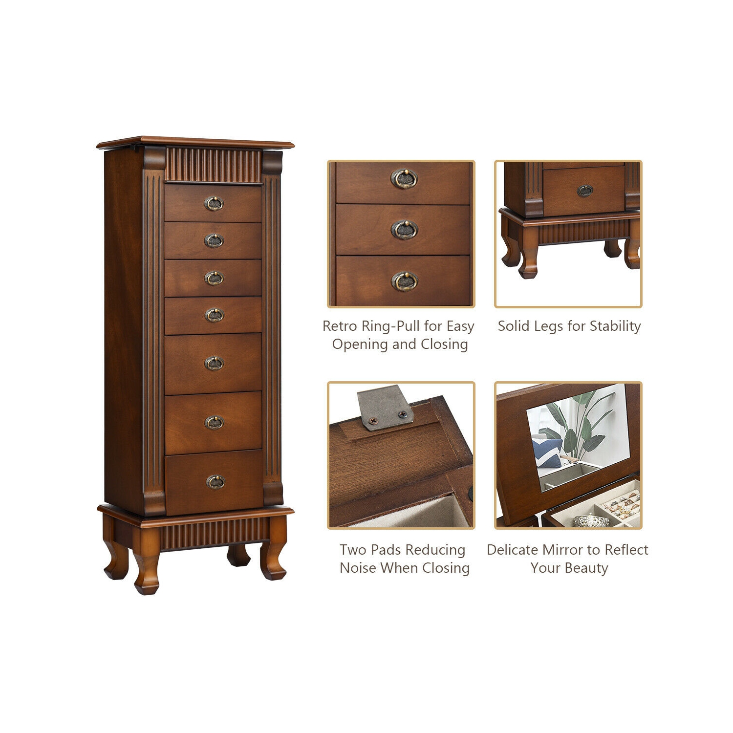 Costway Jewelry Cabinet Armoire Box Storage Chest Stand Organizer Necklace Wood