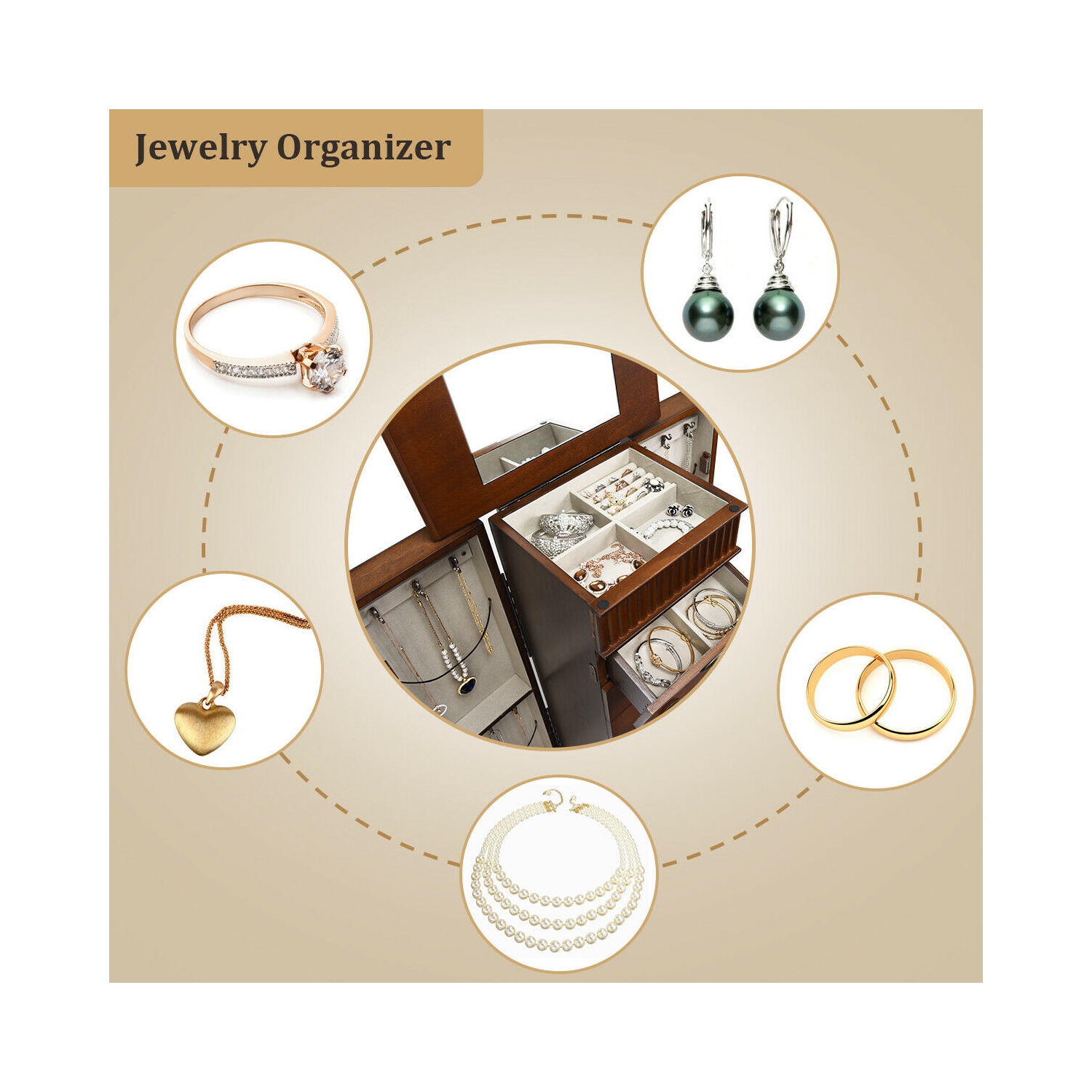 Costway Jewelry Cabinet Armoire Box Storage Chest Stand Organizer Necklace Wood