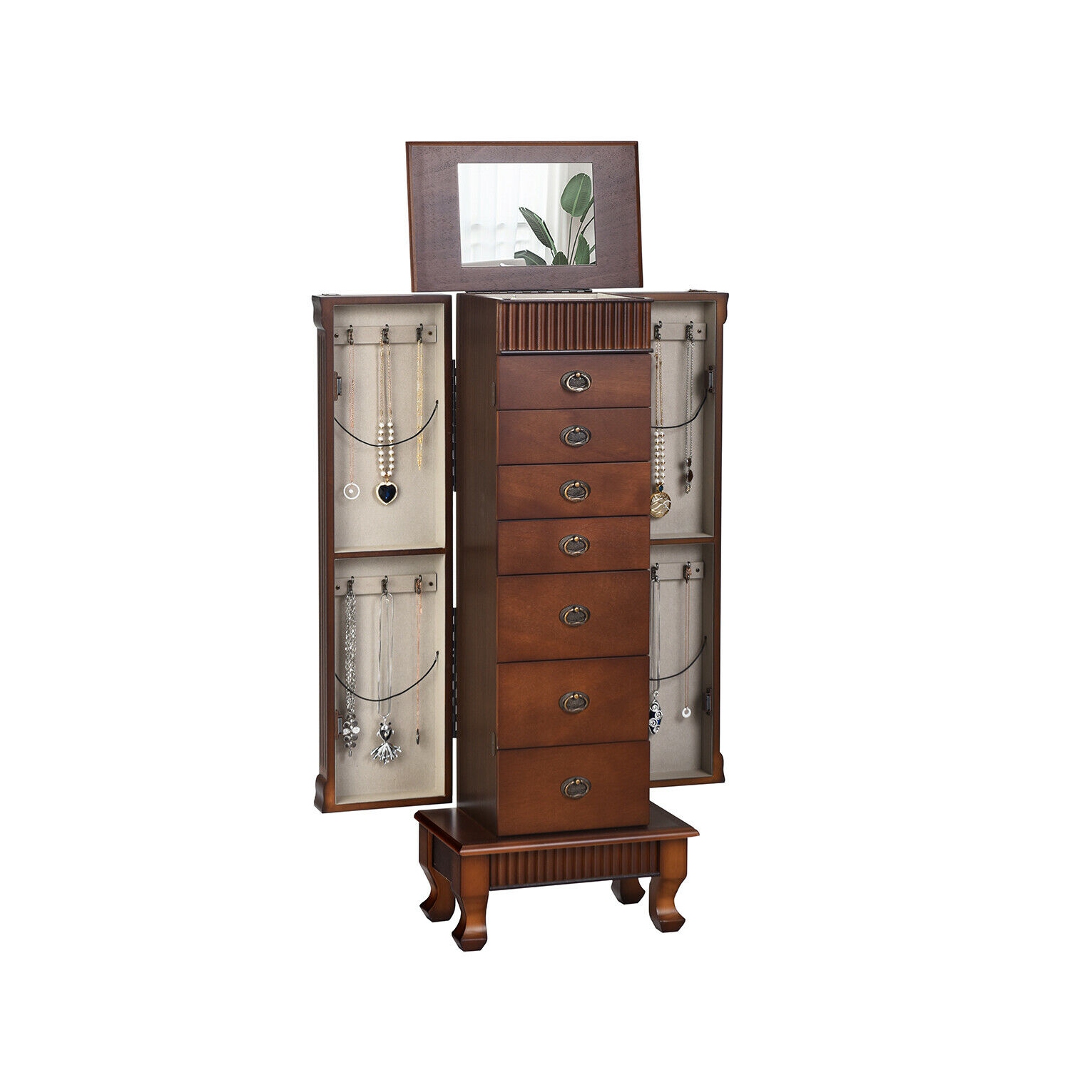 Costway Jewelry Cabinet Armoire Box Storage Chest Stand Organizer Necklace Wood