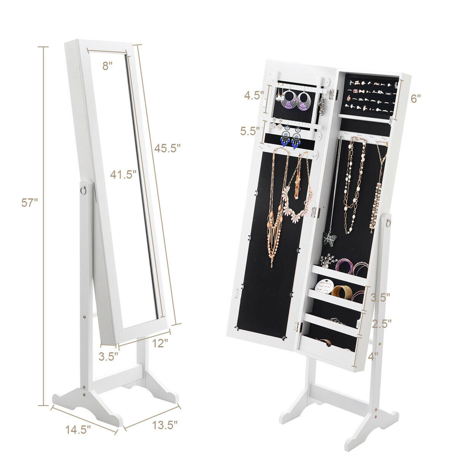 Armoire à Bijoux sur Pieds 2 en 1 avec Miroir, Grande Capacité pour Ranger Boucles d’Oreille, Colliers, Bracelets, Montres, Accessoires de Beauté,