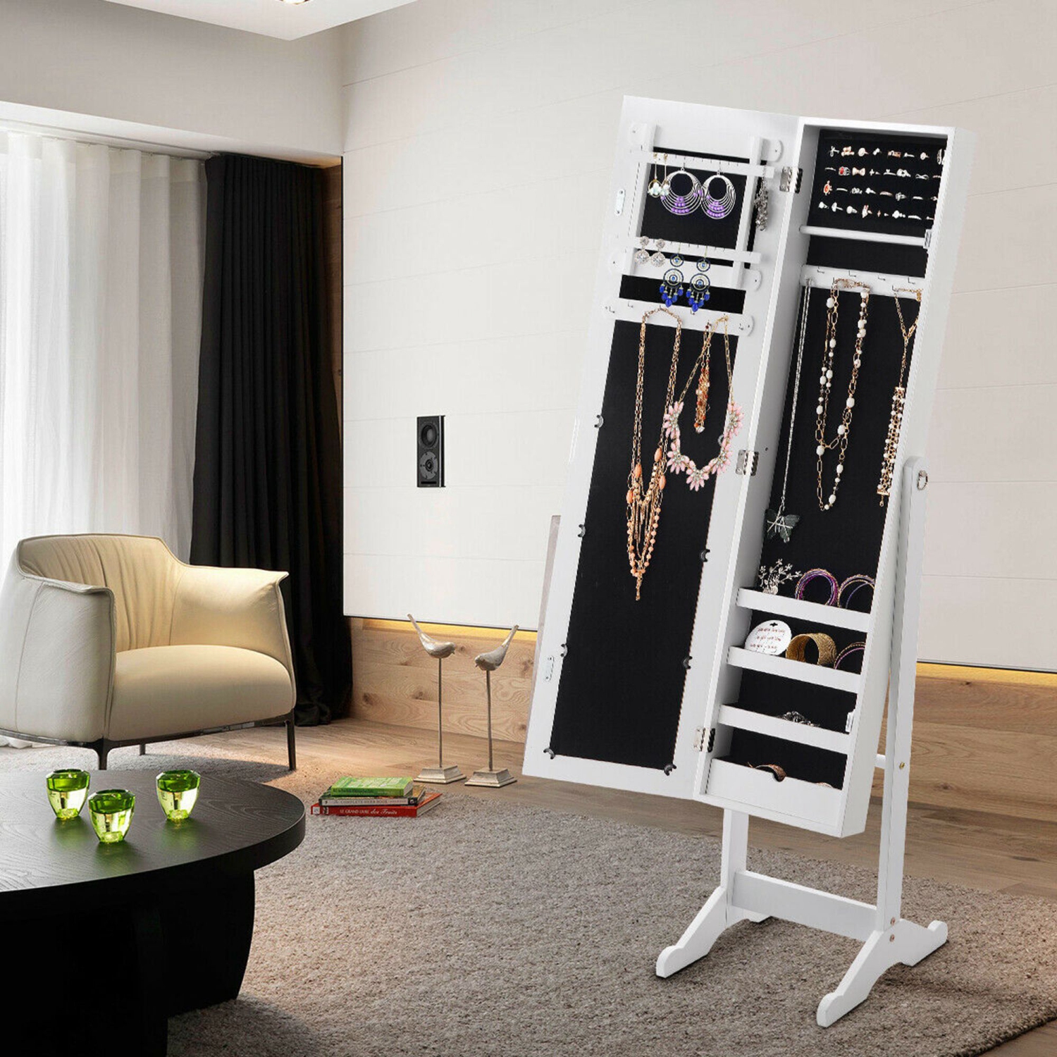 Armoire à Bijoux sur Pieds 2 en 1 avec Miroir, Grande Capacité pour Ranger Boucles d’Oreille, Colliers, Bracelets, Montres, Accessoires de Beauté,