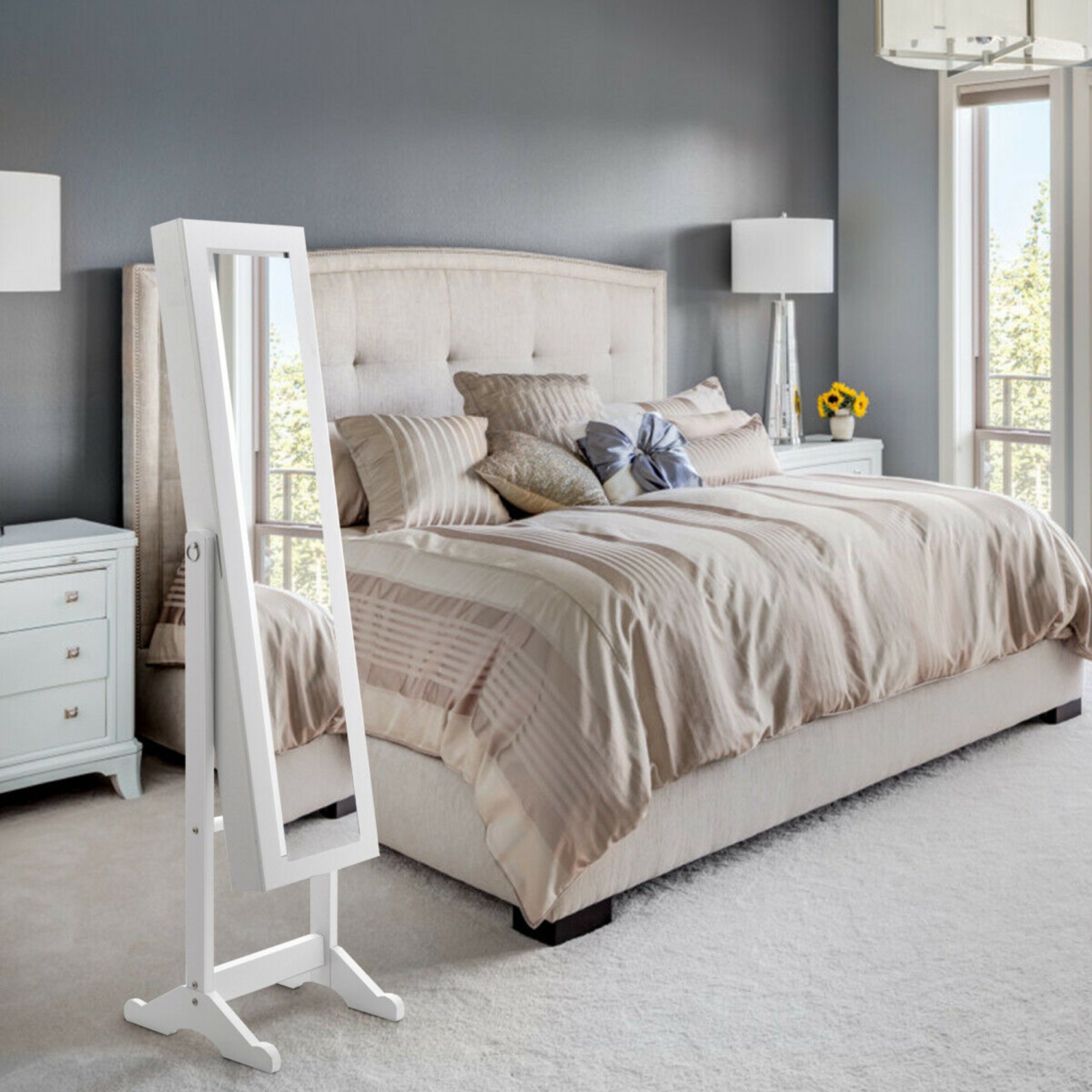 Armoire à Bijoux sur Pieds 2 en 1 avec Miroir, Grande Capacité pour Ranger Boucles d’Oreille, Colliers, Bracelets, Montres, Accessoires de Beauté,