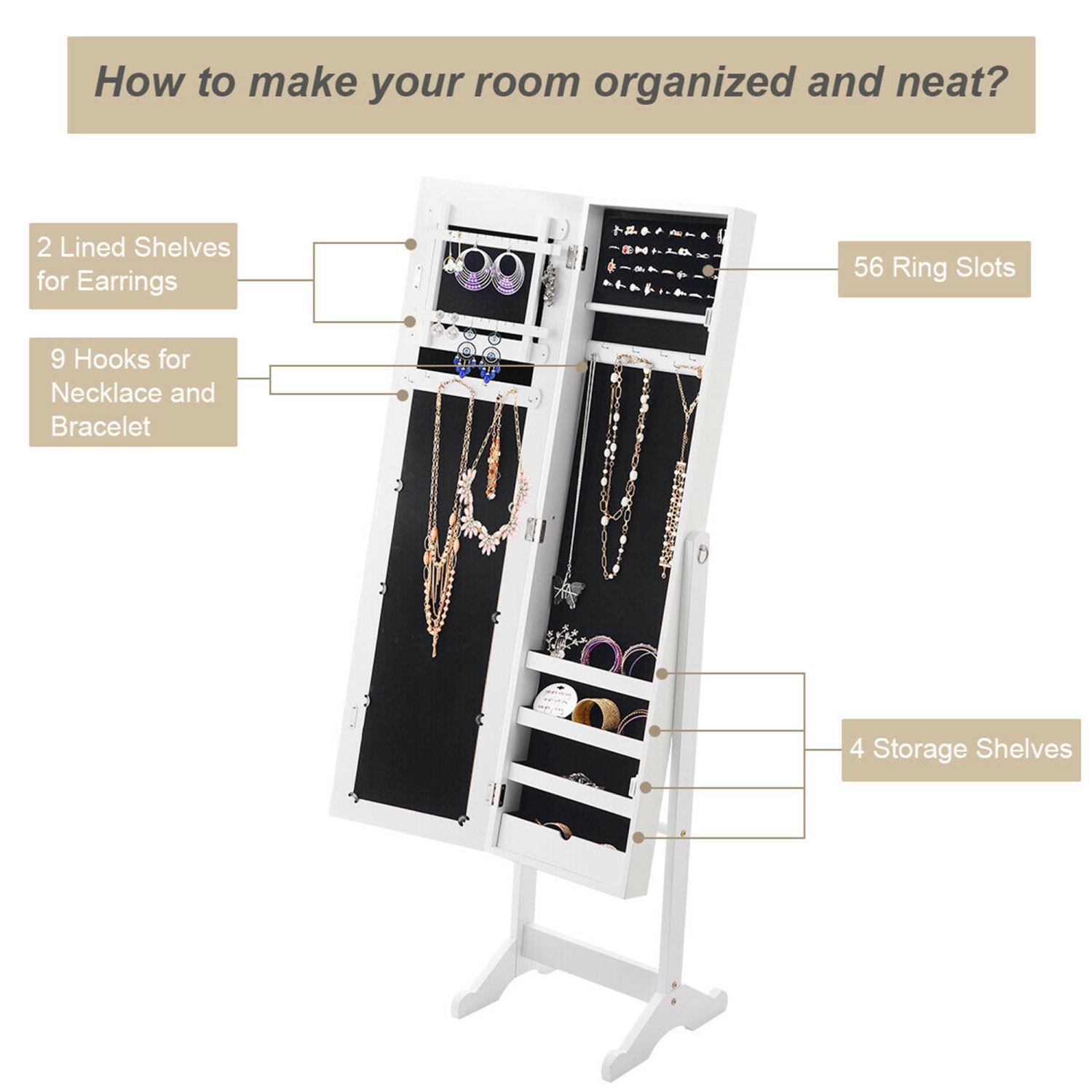 Armoire à Bijoux sur Pieds 2 en 1 avec Miroir, Grande Capacité pour Ranger Boucles d’Oreille, Colliers, Bracelets, Montres, Accessoires de Beauté,