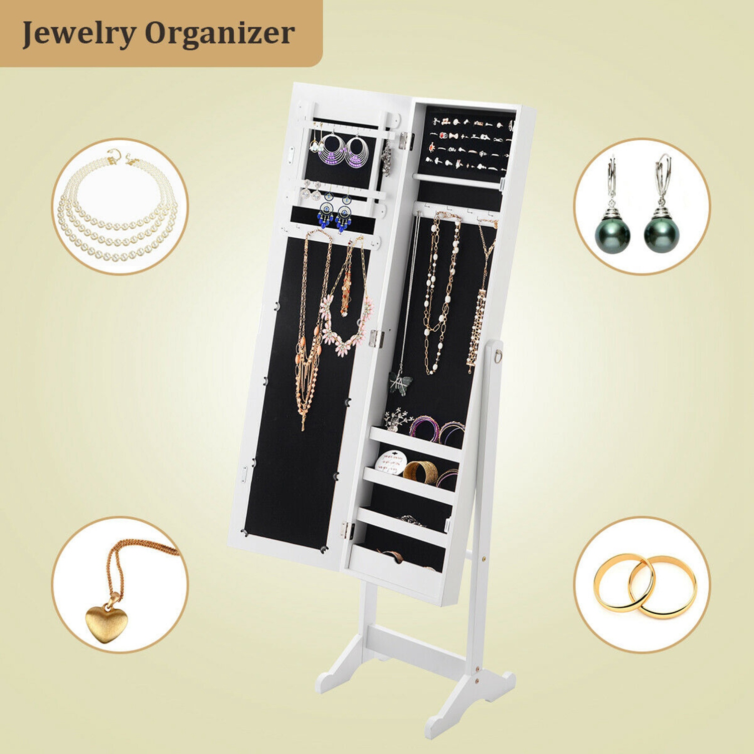 Armoire à Bijoux sur Pieds 2 en 1 avec Miroir, Grande Capacité pour Ranger Boucles d’Oreille, Colliers, Bracelets, Montres, Accessoires de Beauté,