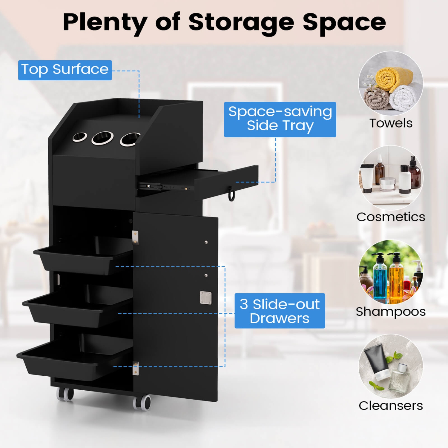 Chariot à roulettes pour cosmétiques avec plateau latéral à 3 tiroirs Salon de Costway
