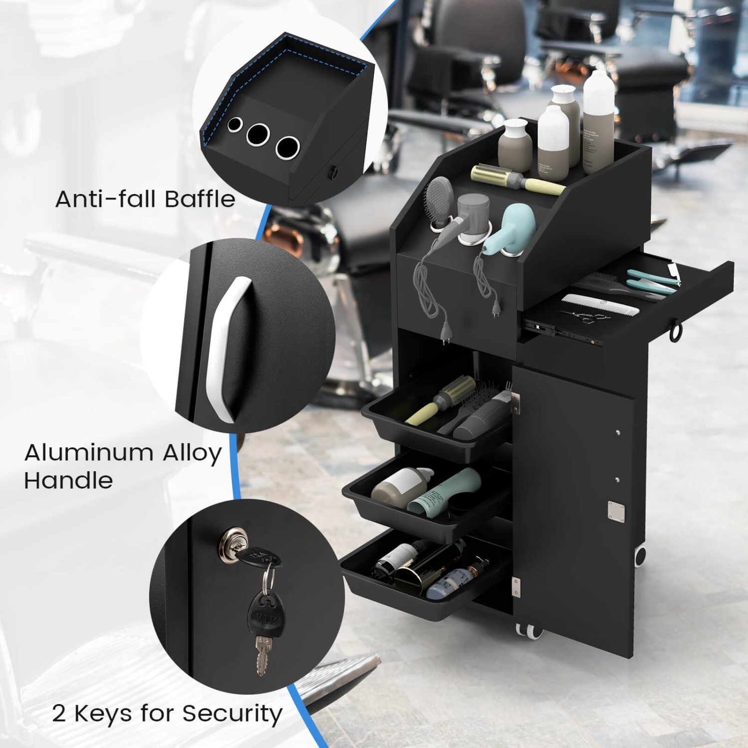 Chariot à roulettes pour cosmétiques avec plateau latéral à 3 tiroirs Salon de Costway