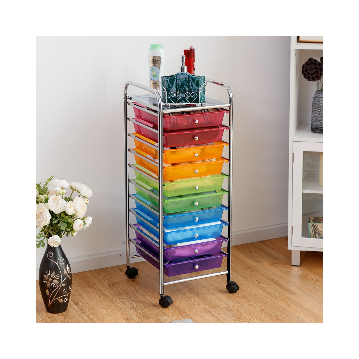 Tour de Rangement 32,5x37x 86CM avec 4 Roulettes Comprend 10 Tiroirs en PP et Fer Tiroir Génial en