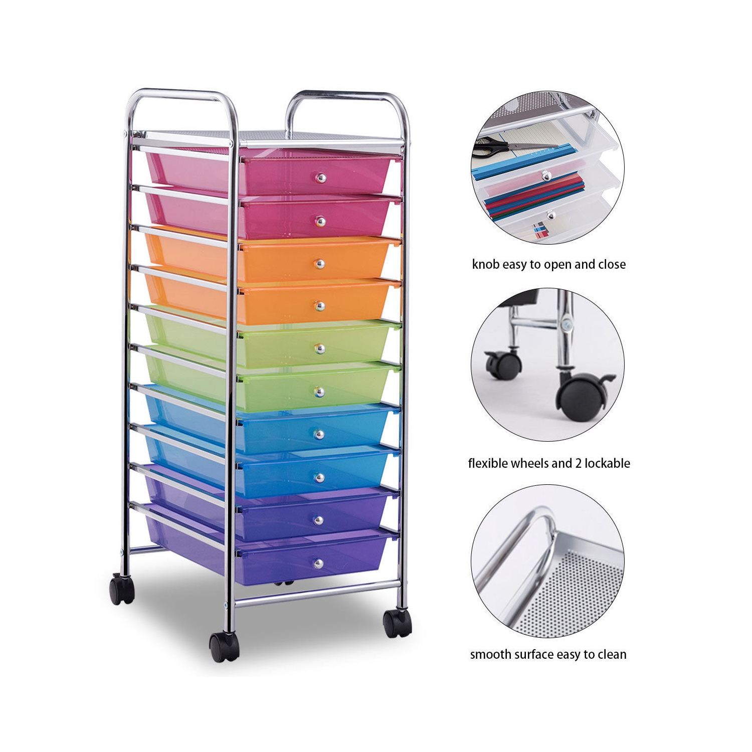 Tour de Rangement 32,5x37x 86CM avec 4 Roulettes Comprend 10 Tiroirs en PP et Fer Tiroir Génial en