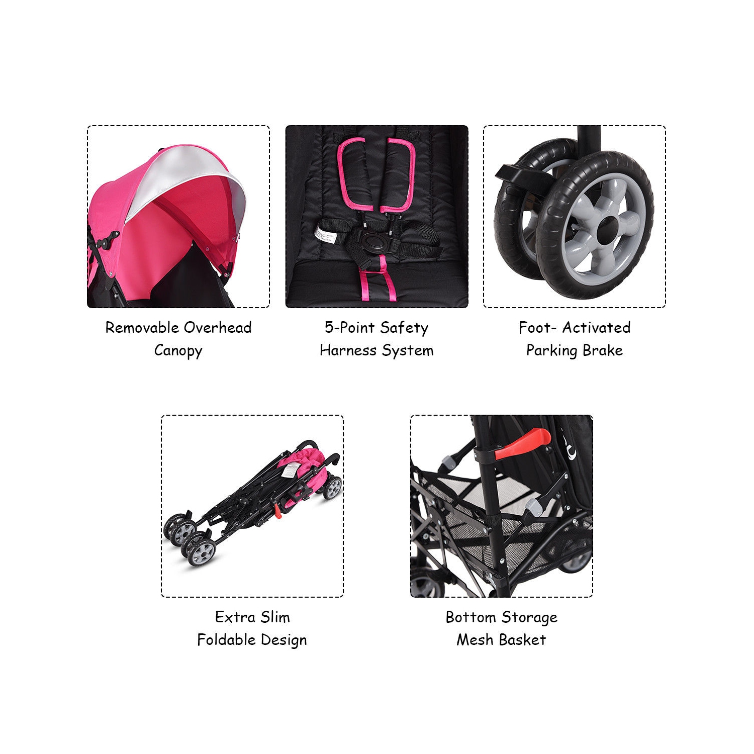 Poussette parapluie légère pliante pour tout-petits de Costway avec panier de rangement noir/rose/vert/orange