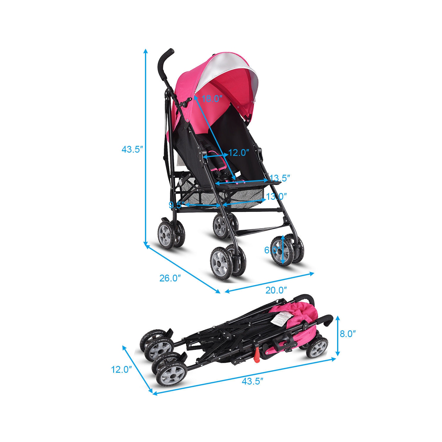 Poussette parapluie légère pliante pour tout-petits de Costway avec panier de rangement noir/rose/vert/orange