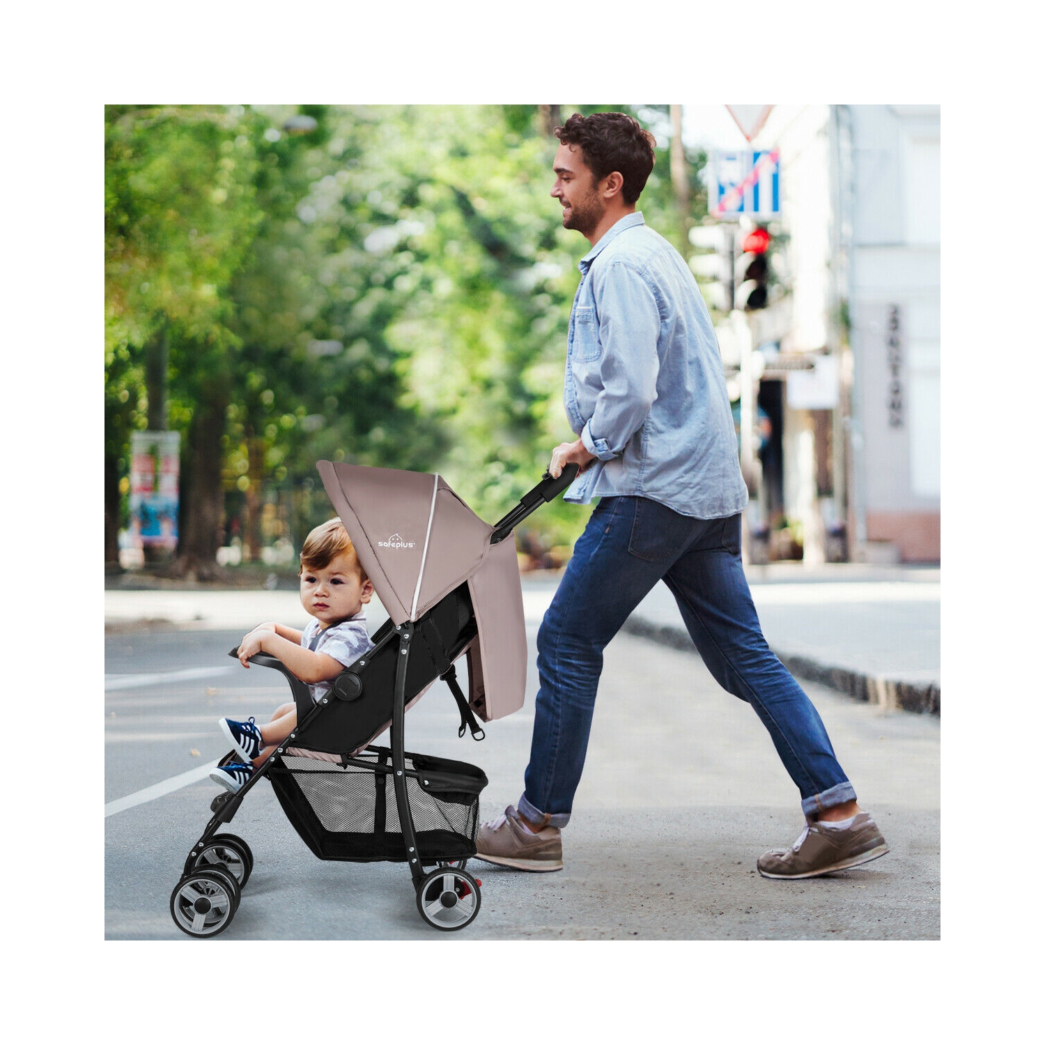 Poussette pliable légère de Costway Système de sécurité à 5 points pour bébé avec poussette pour bébé, café de 0-36 mois