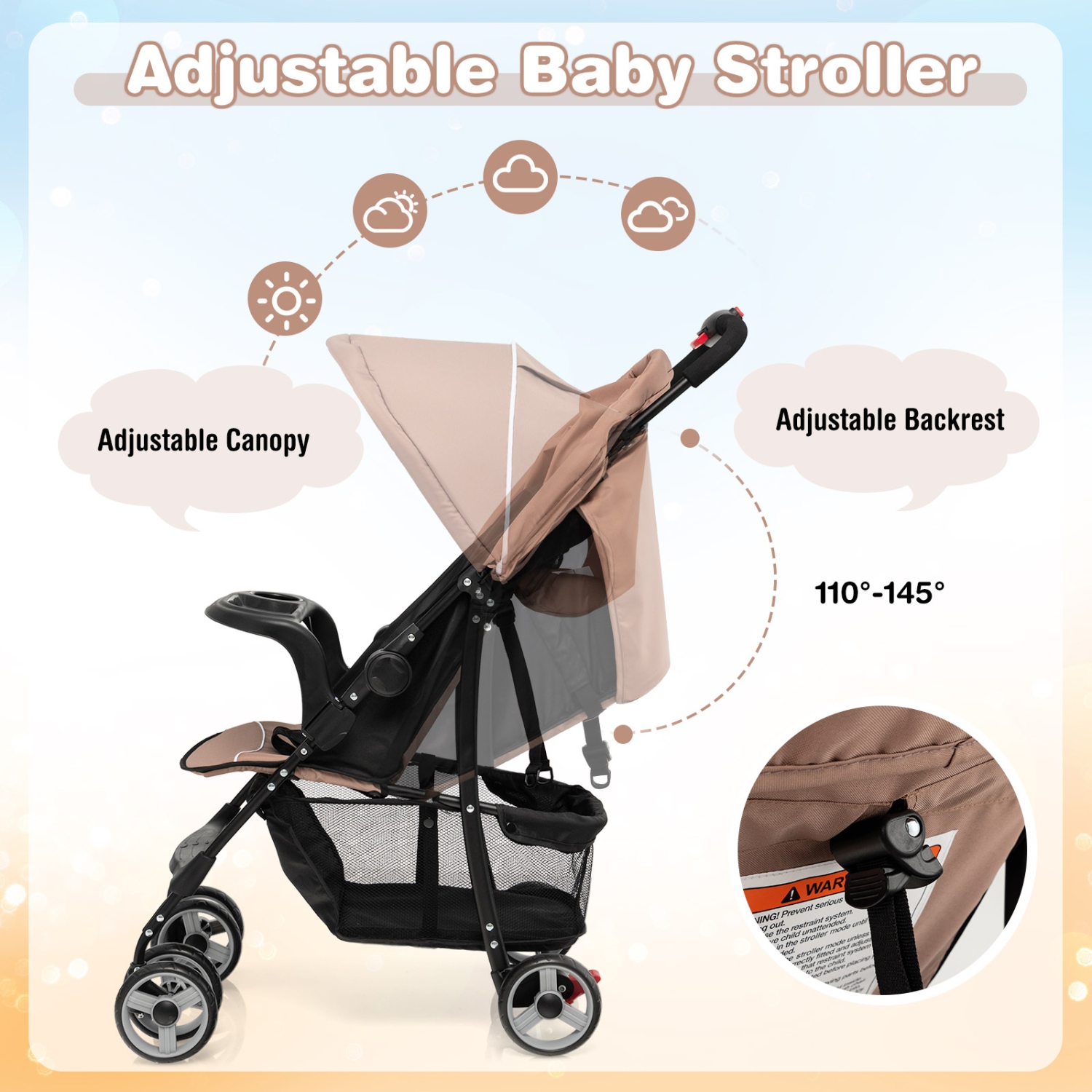 Poussette pliable légère de Costway Système de sécurité à 5 points pour bébé avec poussette pour bébé, café de 0-36 mois